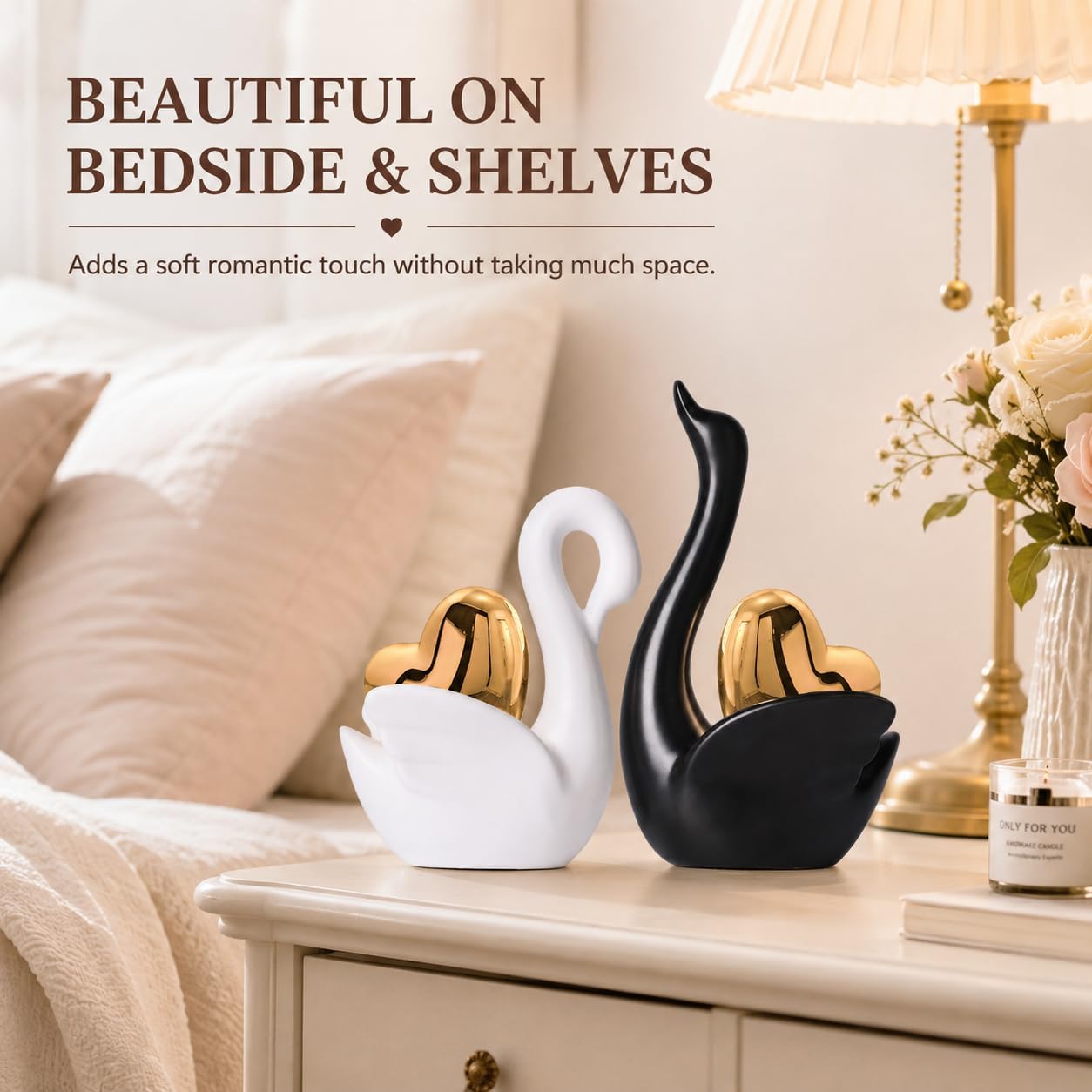 2pcs Black White Ceramic Swan Couple Figurines,Elegant Swan with Gold Heart Statue,Wedding Gifts for Couples 2025,Mini Couple Statues Gifts for Newlyweds,Bedroom Dresser Shelf Decor Knick Knacks