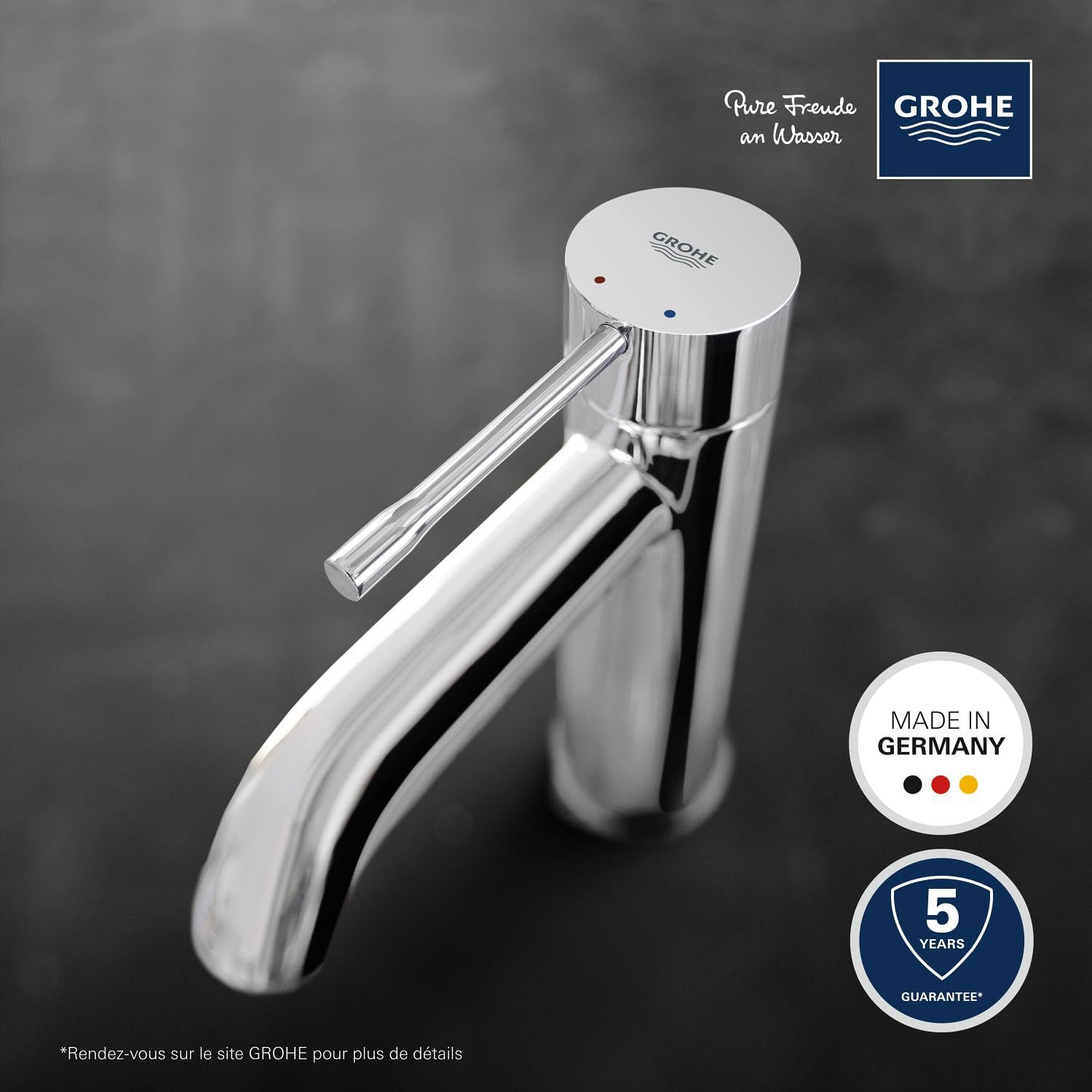 GROHE Essence Robinet lavabo de salle de bains, Taille M, Mitigeur monocommande (Sans tirette de vidage, Vidage clic clac inclus, installation rapide), chromé, 23797001 (Import Allemagne)