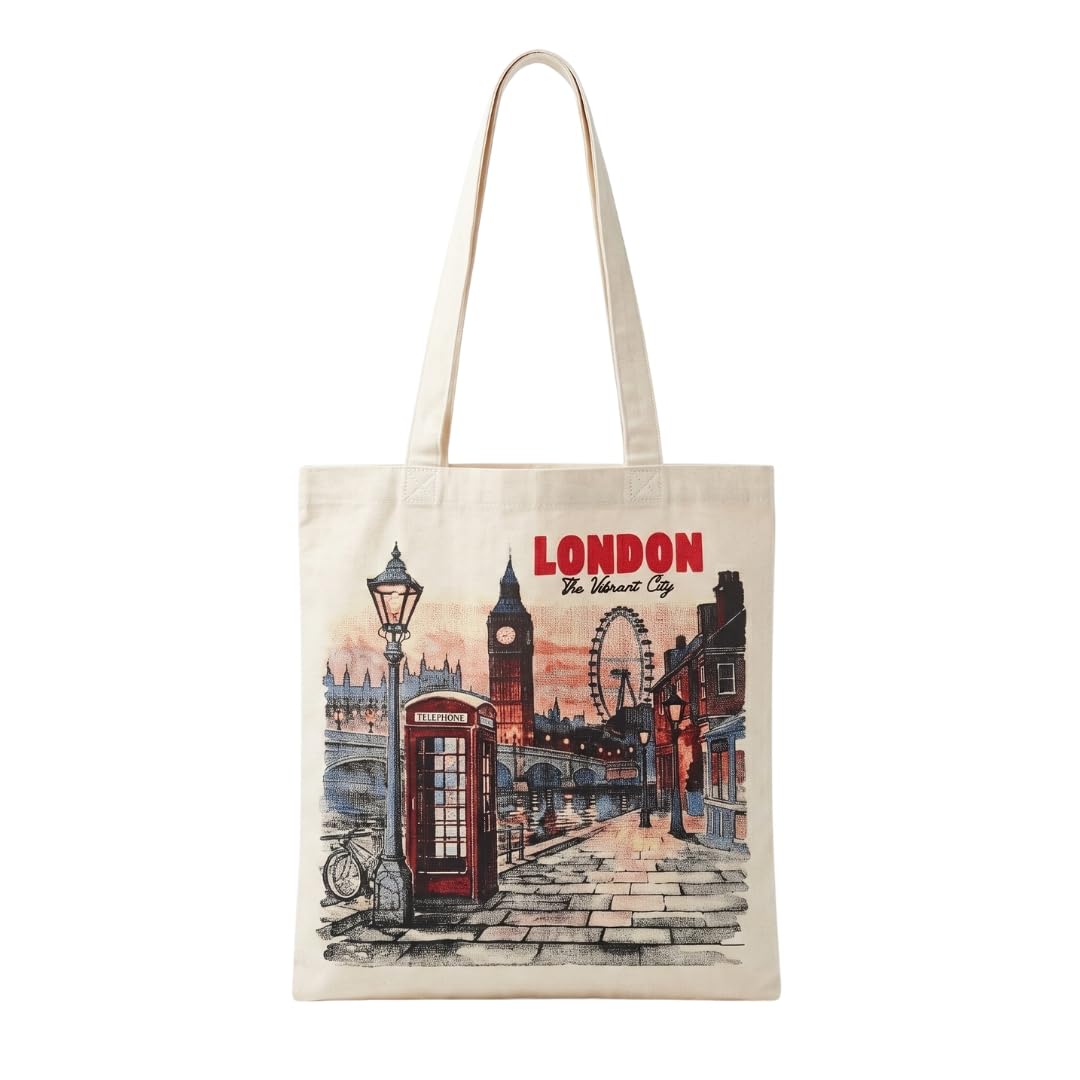 DRAPES & DECOR Printed 100% Cotton Tote Bag for Souvenir, Presents | London Canvas Gift Bag | Reusable UK Shopping Bag | Size 38x42cm+65cm long Handle (Vibrant City)
