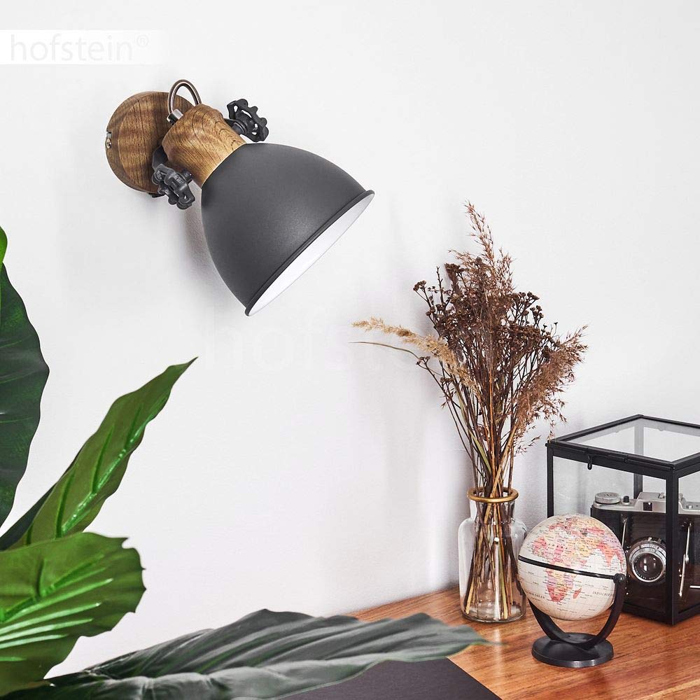 Applique murale Banjul en métal gris blanc et effet bois, spot vintage avec interrupteur intégré idéal dans un salon rétro, pour 1 ampoule E27, ampoule(s) non incluse(s)