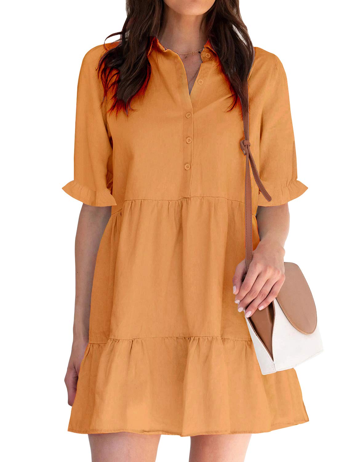 ROYLAMP Women's Summer Tunic Dress Puff Sleeve Ruffle Hem Button Down Casual Collared Shift Dress with Pockets