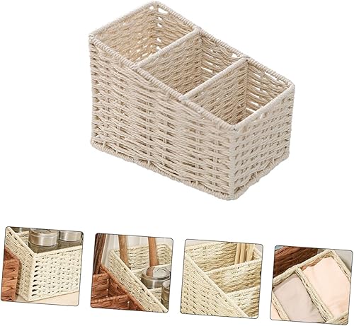 Miniatura 9 de Cestas tejidas de mimbre, organizador de escritorio, caja de almacenamiento de cosméticos tejida a mano, 3 ranuras, cesta de artículos de oficina,