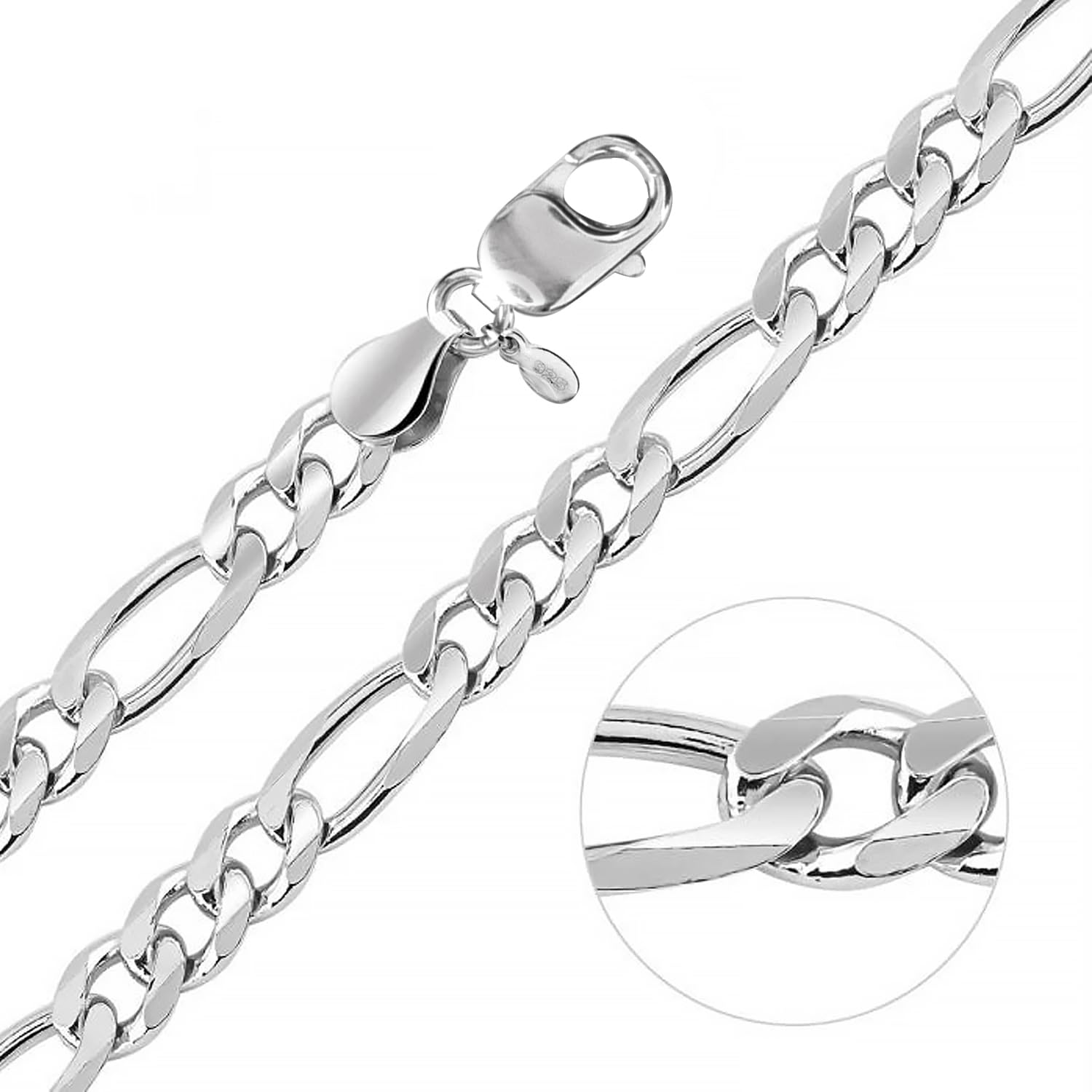 LeCalla Links Collar de cadena Figaro de plata de ley italiana de 3,5 mm y 6,8 mm para mujeres y hombres (16, 18, 20, 22, 24, 26 pulgadas)