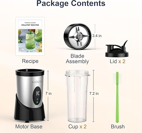 Miniatura 7 de KOIOS Licuadora de batidos, licuadora personal de 900 W para batidos y licuados de cocina con 2 tazas portátiles sin BPA de 22 onzas, mezclador de