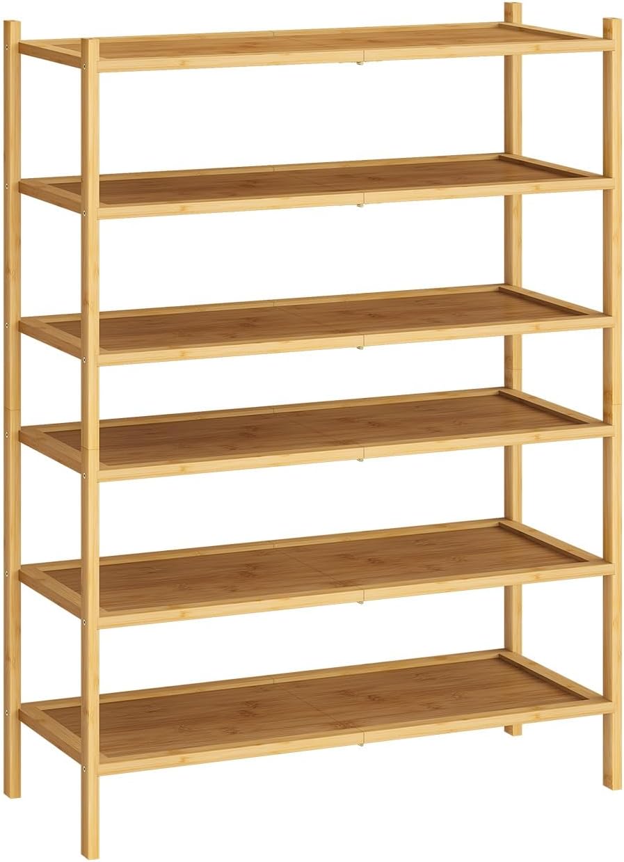 Shoe Rack, 6-Tier Bamboo Wood Shoe Rack, Stackable for Closet, Entryway & Hallway