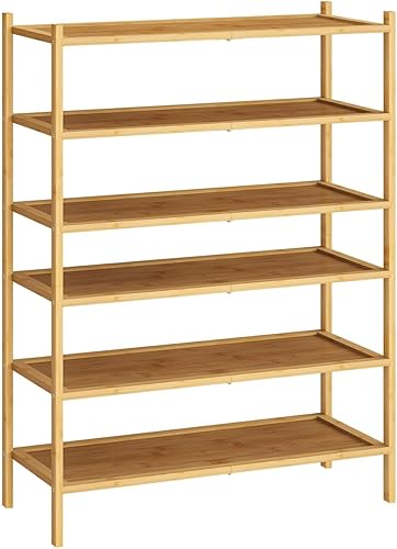 Vista 7 de Zapatero de bambú para entrada, apilable de 2 niveles, plegable, natural, organizador de zapatos para armario de pasillo, zapateros independientes