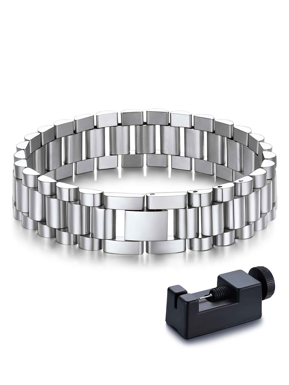 Bandmax Men Stainless Steel Link Bracelets with Sizing Tool, Jewelry Gifts Steel/Black/Gold Tone, Hand Wristlet Chain, Hypoallergenic, Waterproof Gift for Dad Father Husband Son