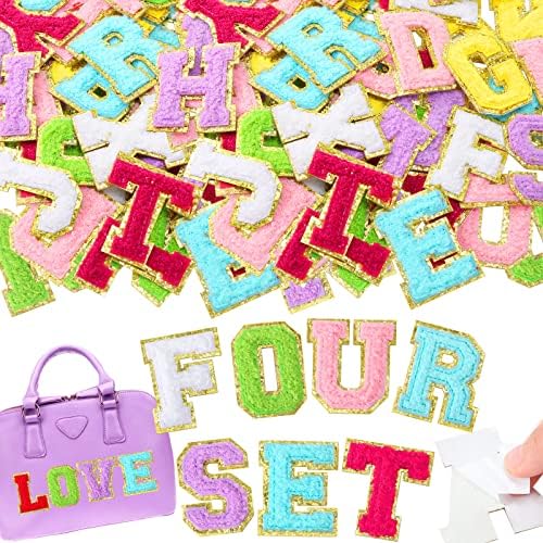 104 Pieces Self Adhesive Chenille Letter Patches Dupes Glitter Initial for Clothing DIY Mobile Phone Backpacks Hat (Multicolor)