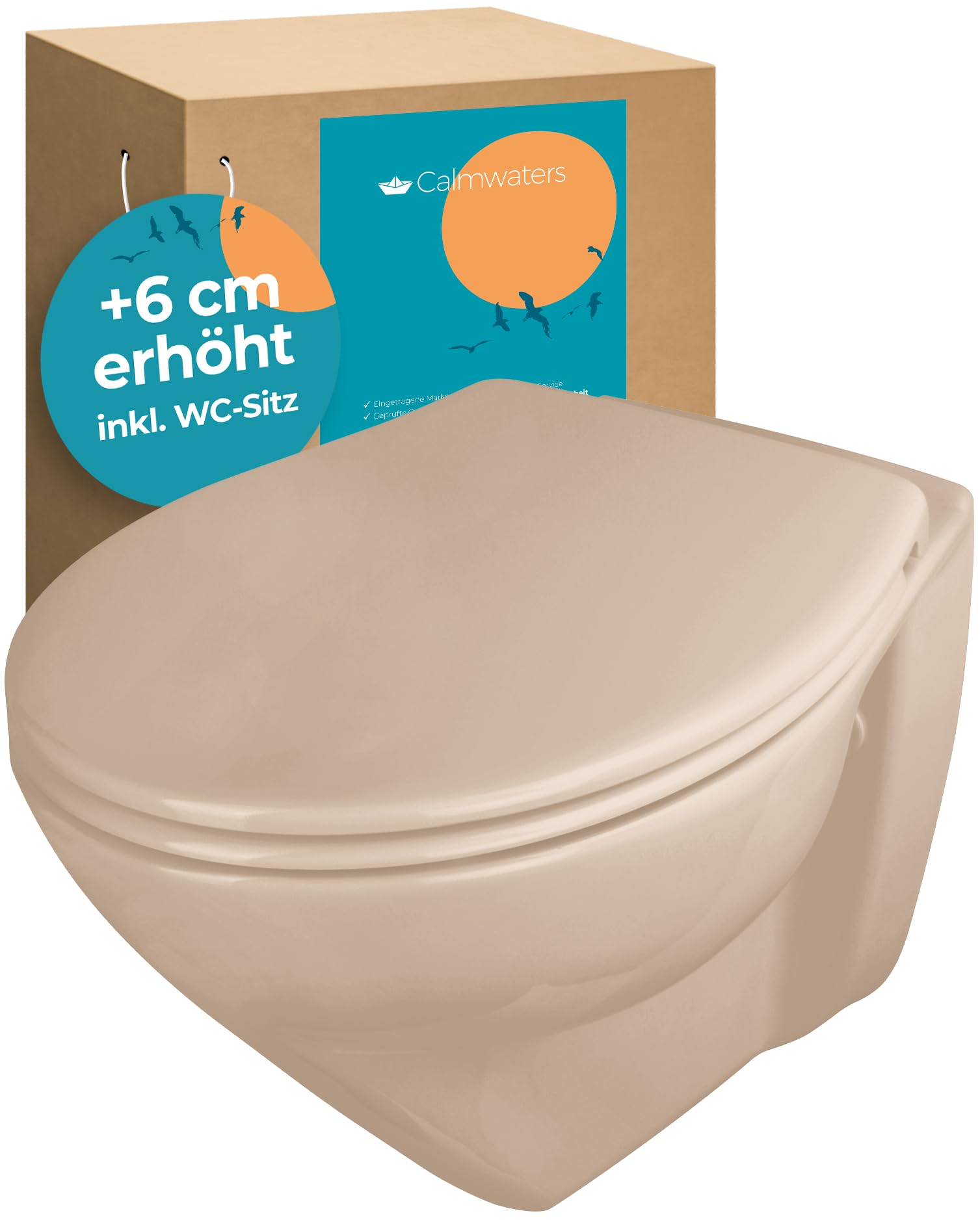 Calmwaters® Erhöhtes Wand WC spülrandlos Modern Plus mit Toilettendeckel, +6 cm Erhöhung, erhöhte Toilette inkl. abnehmbarem WC Sitz mit Absenkautomatik und Fast-Fix, Komfort Tiefspüler, Bahamabeige