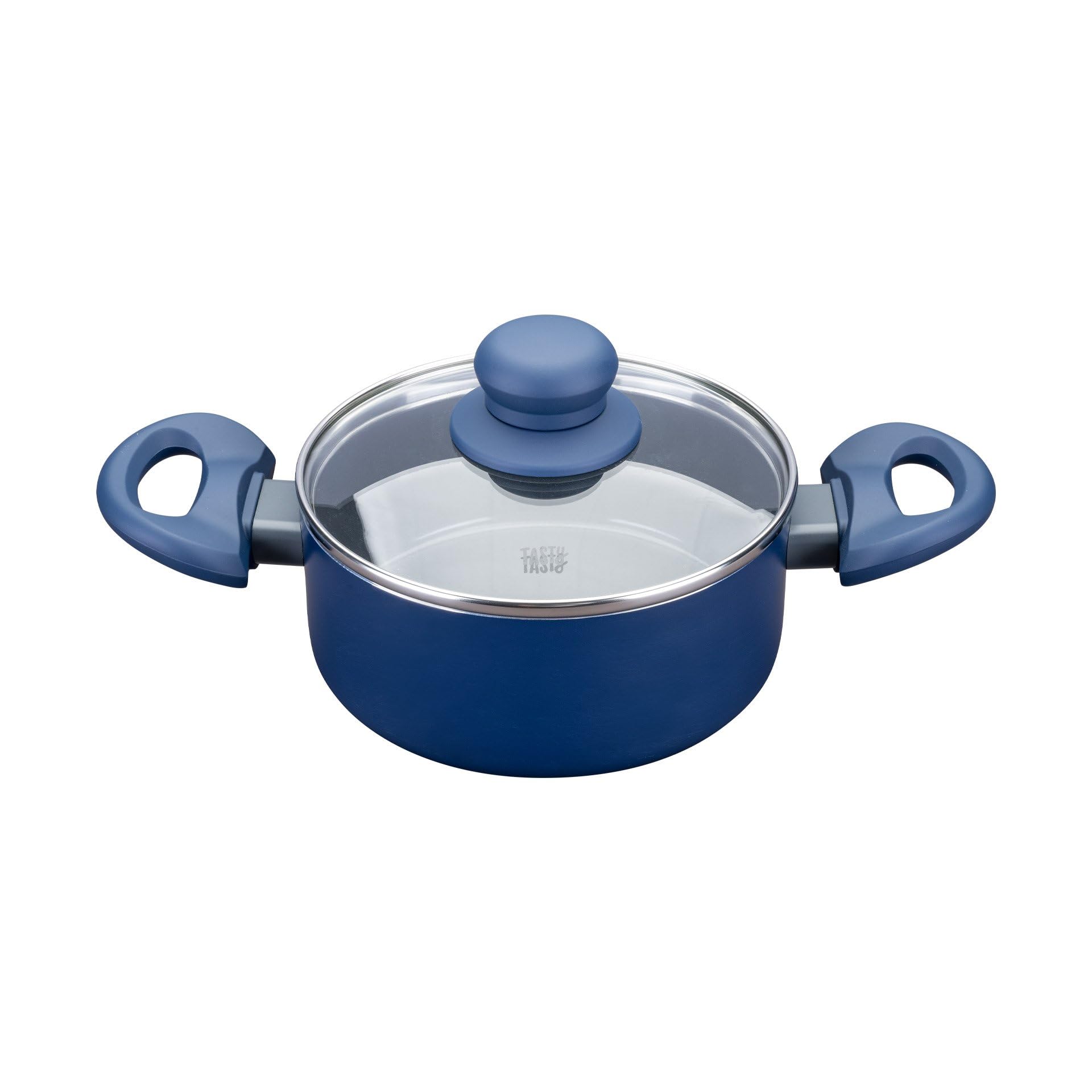 Tasty Ocean Blue Non-Stick Cooking Pot - Diameter 16 cm with Glass Lid - Recycled Aluminium Soft Touch Handle Ceramic Non-Stick Coating for All Hobs Including Induction