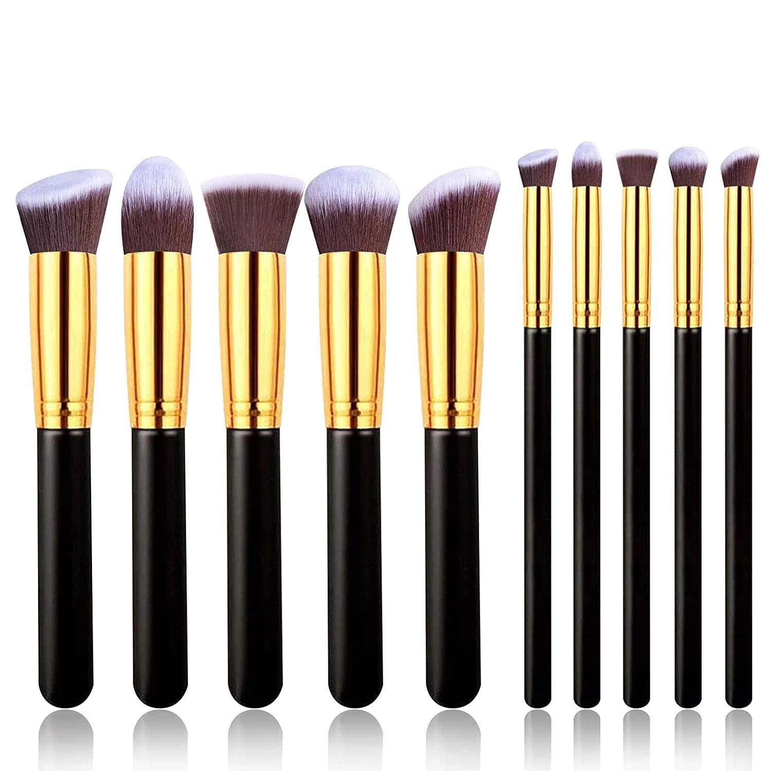 10 PCs Makeup Brush Set Premium Synthetic Foundation Brush Blending Face Powder Blush Concealers Eye Shadows Make Up Brushes Kit (Black and Gold)-image-43
