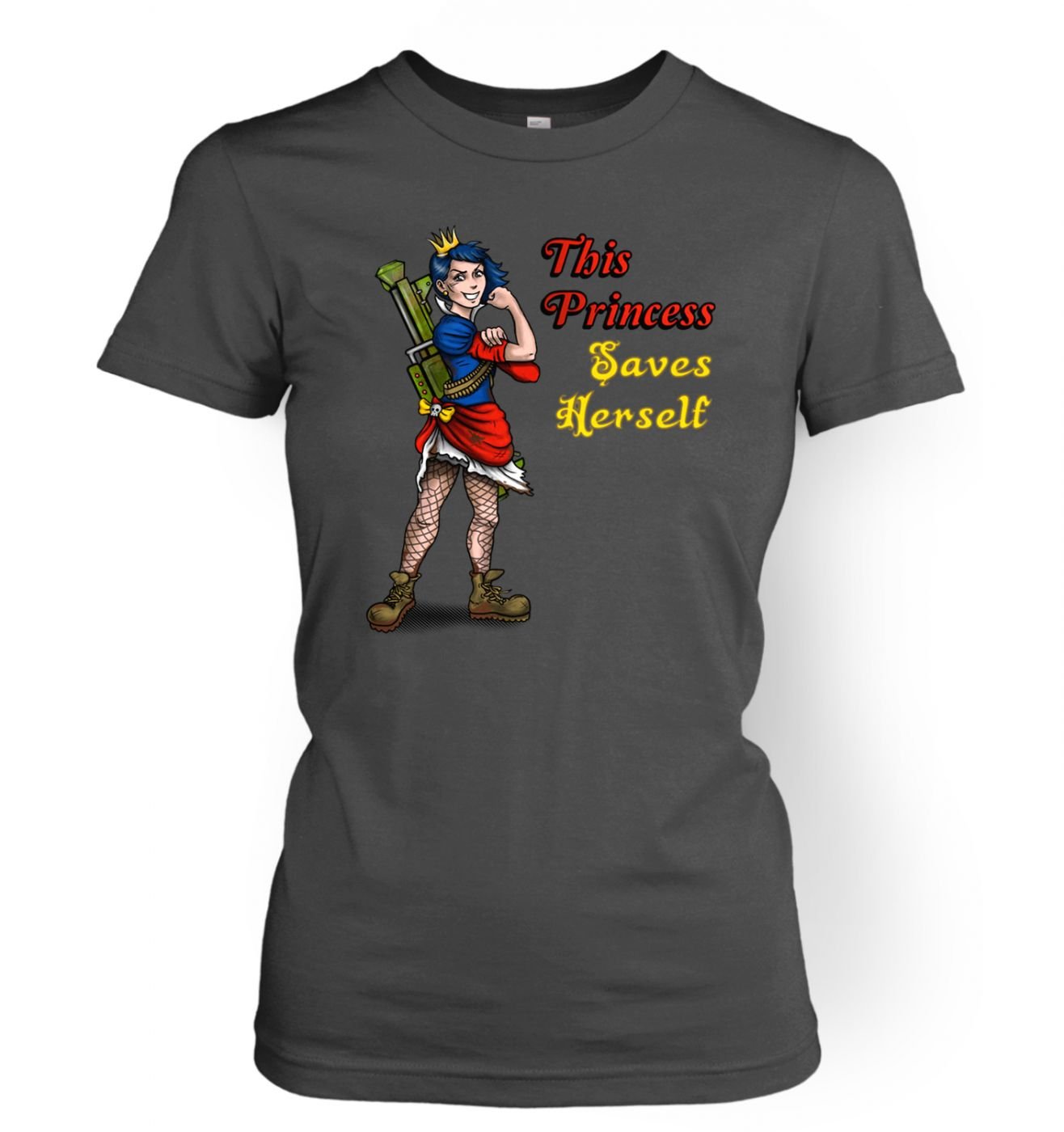 Gaming Tshirts By Big Mouth Women's Charcoal This Princess Saves Herself T-Shirt - Large (Approx Size 12)