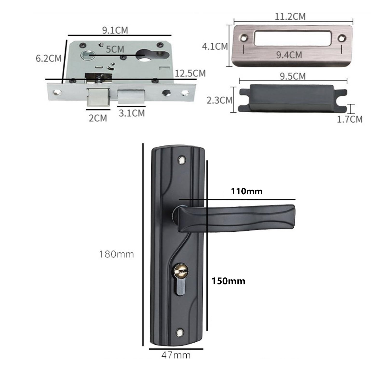 Generisch Tirador de puerta con llave, juego de cerradura de palanca de puerta universal para casa, dormitorio, negro
