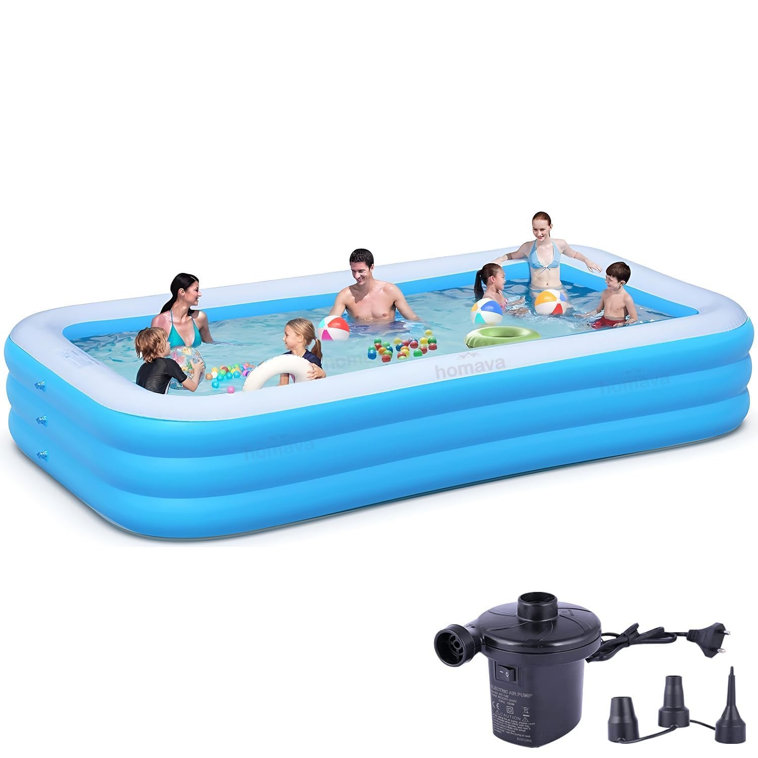 Inflatable Swimming Pool, Blue and White, 120x72x22 Inch, Family Size Rectangular Pool with Electric Air Pump,Above Ground Family Pool, Large Swimming Pools for Backyard Garden, Blue (10 Feet)-image-35