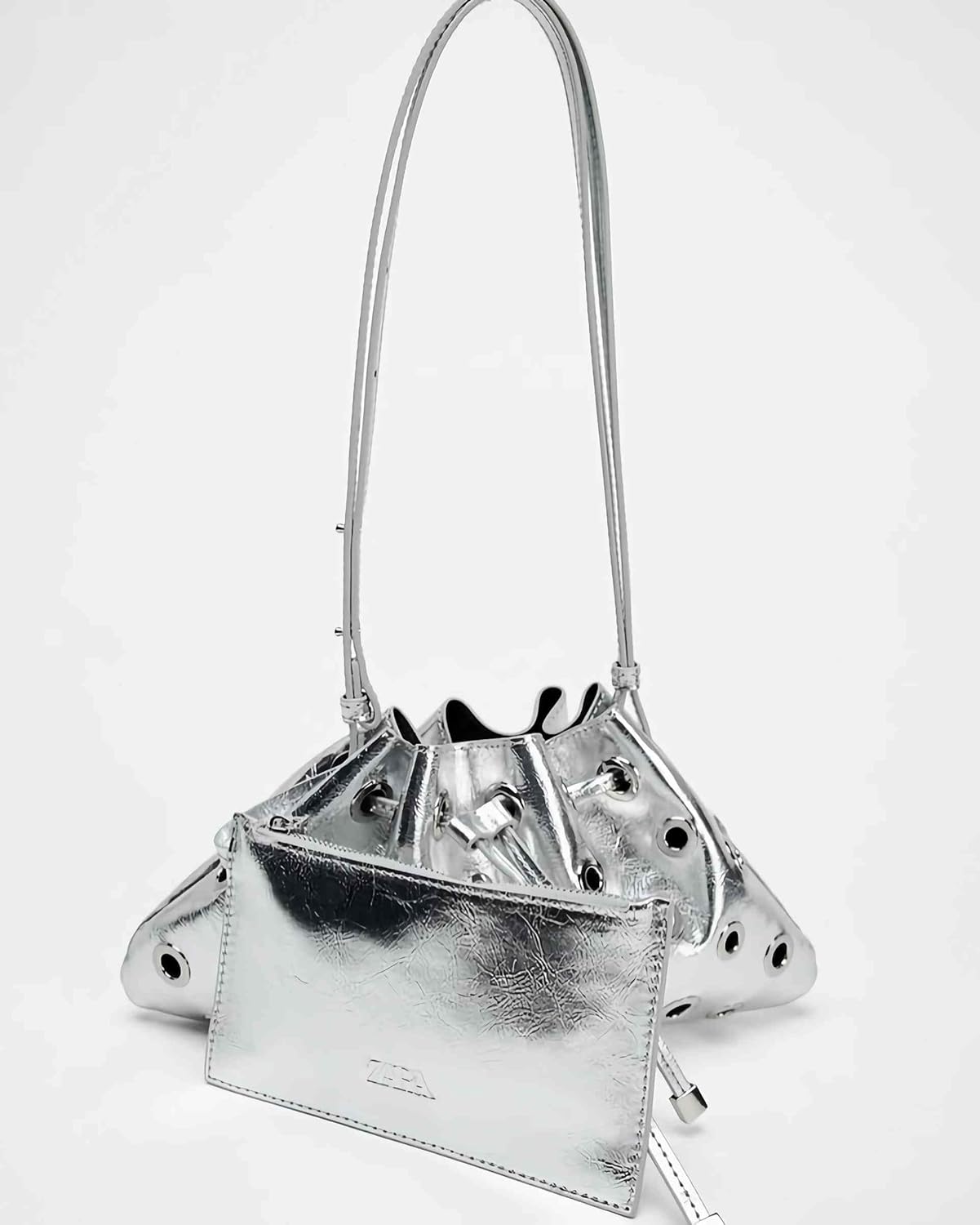 silver y2k purse for women, cool sparkly bucket purse, cute aesthetic fashion bag, small silver clutch bag - Image 6