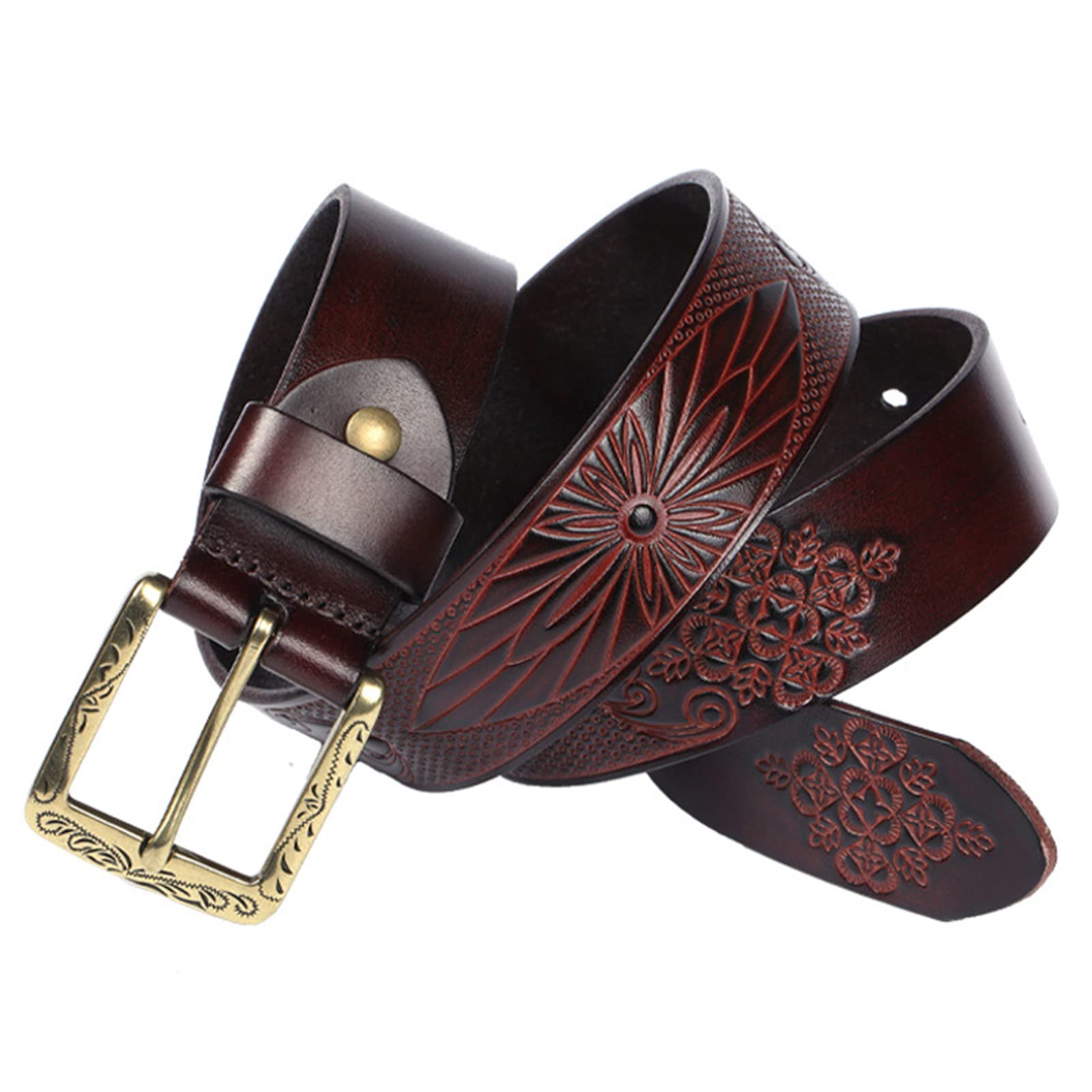 Gürtel Für Herren Und Damen Prägung Rindslede Ledergürtel Im Western Blume Style Vintage Jeansgürtel Mit Golden Schnalle, Versch Größen(105cm/waist:35", Coffee)
