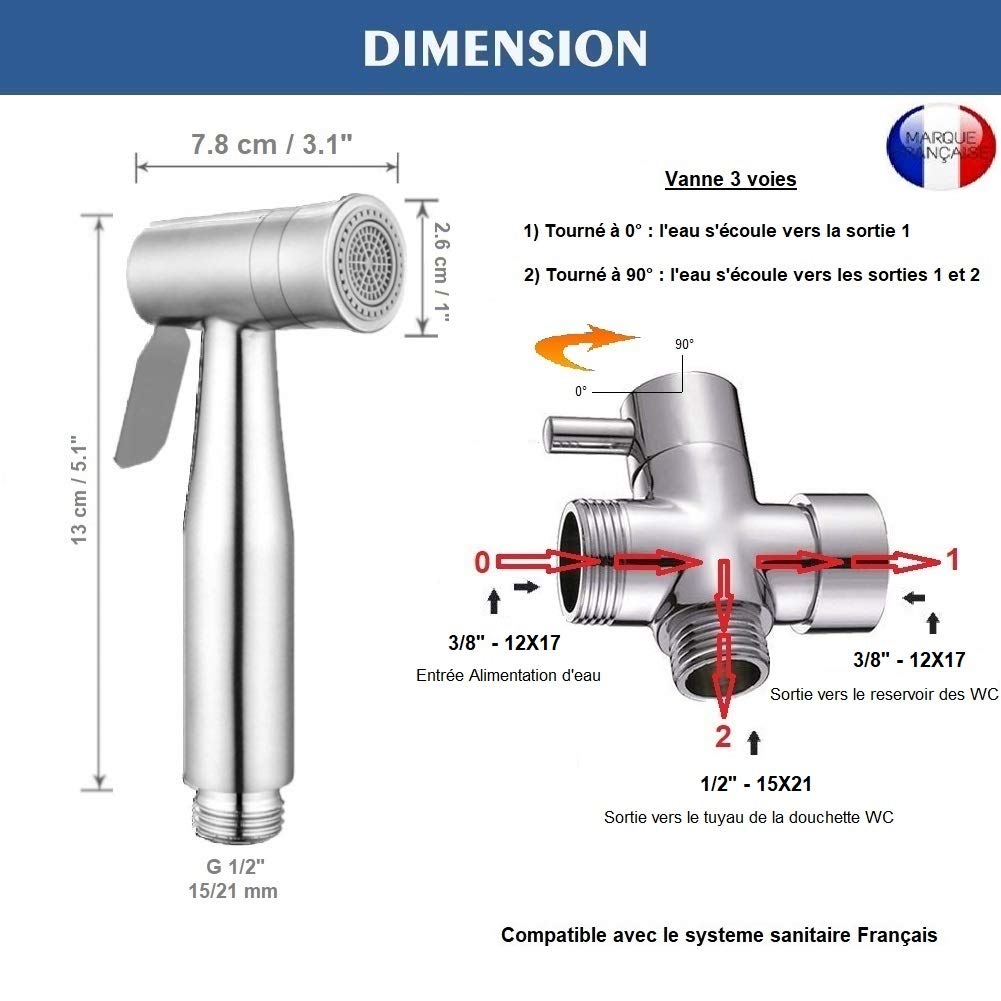 BbfStyle - Marque Française - SUS 304 Double Jet - Standard Français (3/8") - Kit douchette WC pour l'hygiène intime avec Vanne 3 voies - Métallique - Finition Nickel Brossé - Taharet Taharat