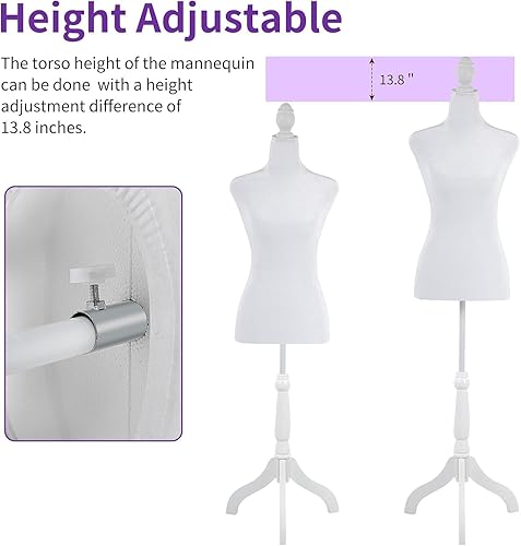 Miniatura 4 de Bigacc Maniquí de vestido femenino Modelo Torso Display Cuerpo de maniquí 49.6-63.4 pulgadas Altura ajustable trípode de madera Soporte de trípode
