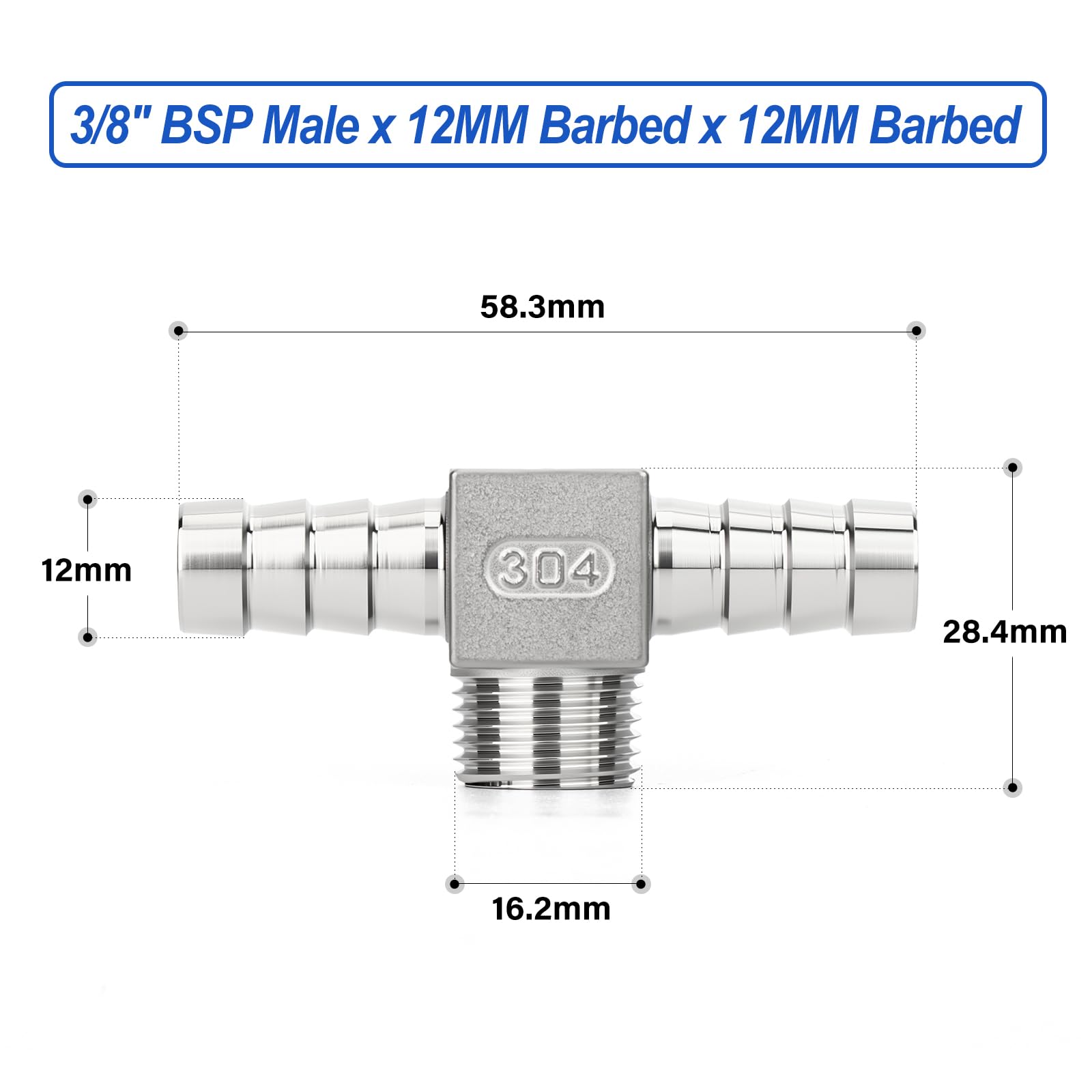 1 conector de tres vías for manguera acero inoxidable 304 con gancho invertido, rosca externa BSP 1/2" x 20MM(3/8"BSP 12mm(T 1Pcs))