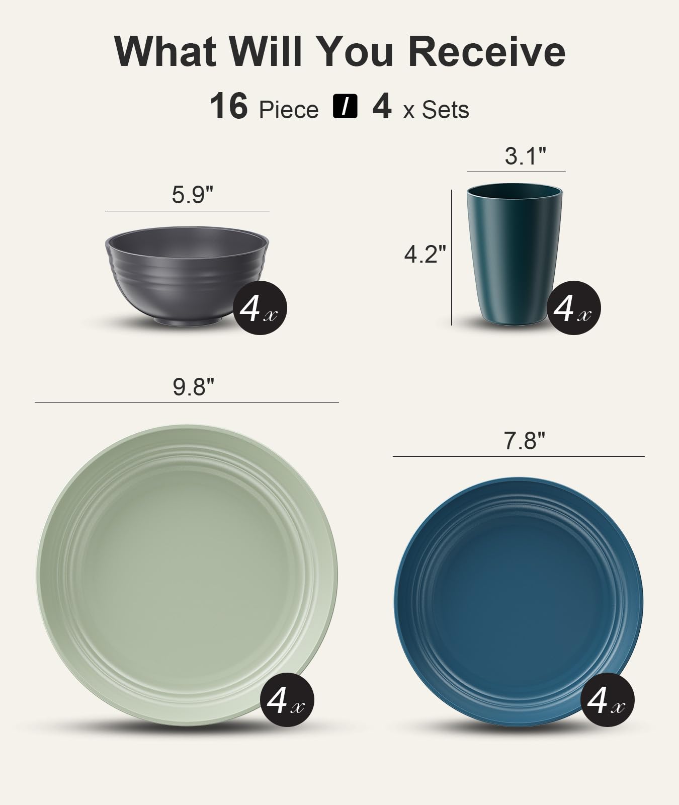 Quatish Kunststoff Geschirrset aus PP, Unzerbrechliches Camping Geschirr Set für 4 Personen, 16PCS Wiederverwendbare Tafel-Set für Kinder und Erwachsene, Geschirrspüler Mikrowelle Sicher, Grün
