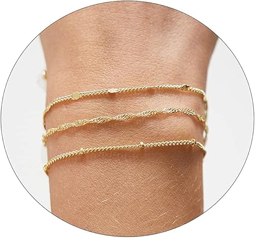 CAROVO Pulseras de Oro para Mujer, Pulsera Chapada en Oro de 14k para Mujer Conjuntos de Pulseras Delicadas Espiga Clip Satélite Caja Cadena de