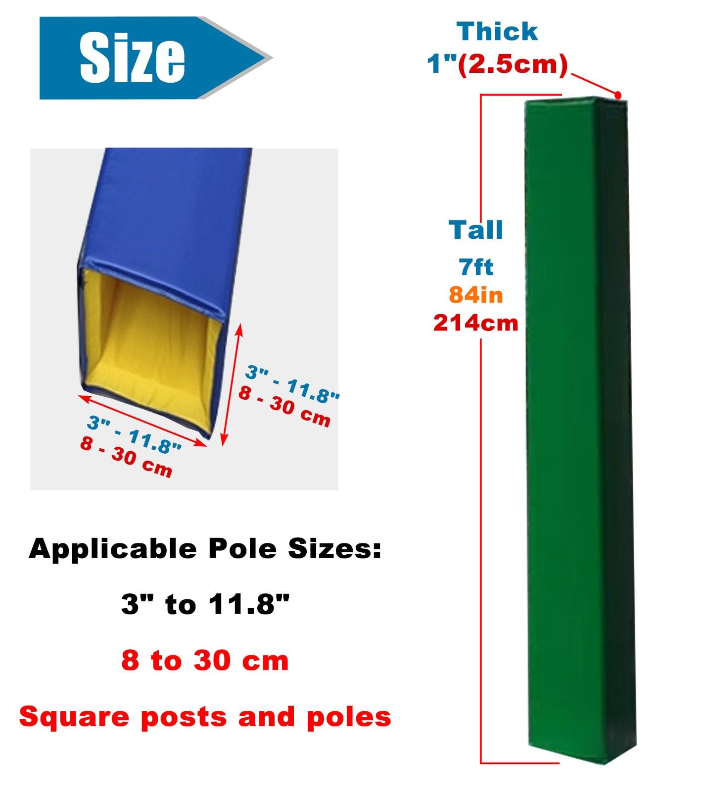 Protector de Poste de Baloncesto, 2,13 m (7 pies), PVC Verde, Protector de Poste de Repuesto para Postes de 3x3/4x4/5x5/6x6/8x8, Espuma de 2,54 cm (1 Pulgada) de Grosor, Protector de Canasta