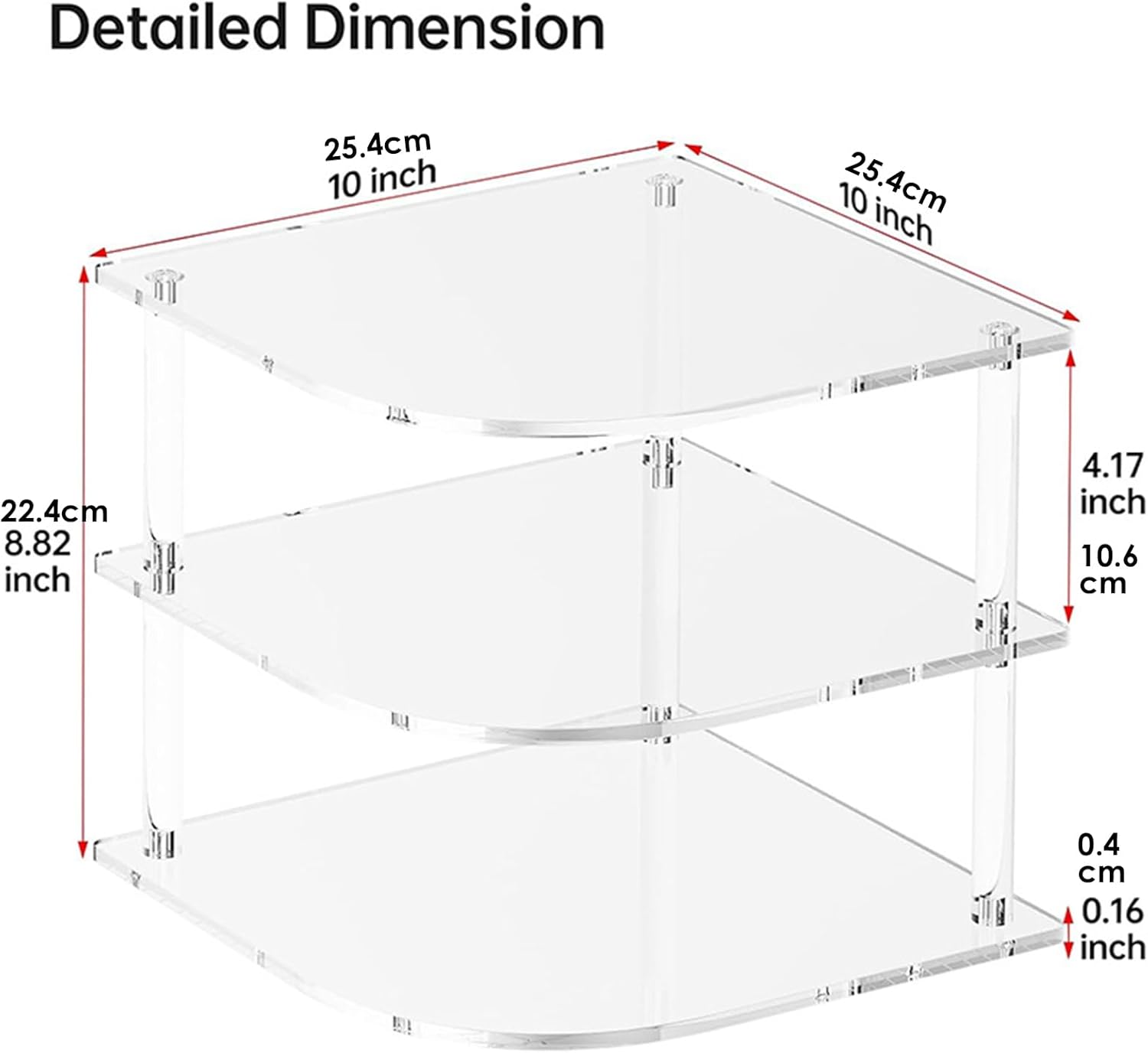 Plate Organizer Rack - Clear Acrylic Corner Rack, 3 Tier Corner Shelf, Dish Organizer for Nightstand, Bathroom Tabletop Freezer, Dresser Bar Closet Counter, Durable Material Construction, Easy Use Kit