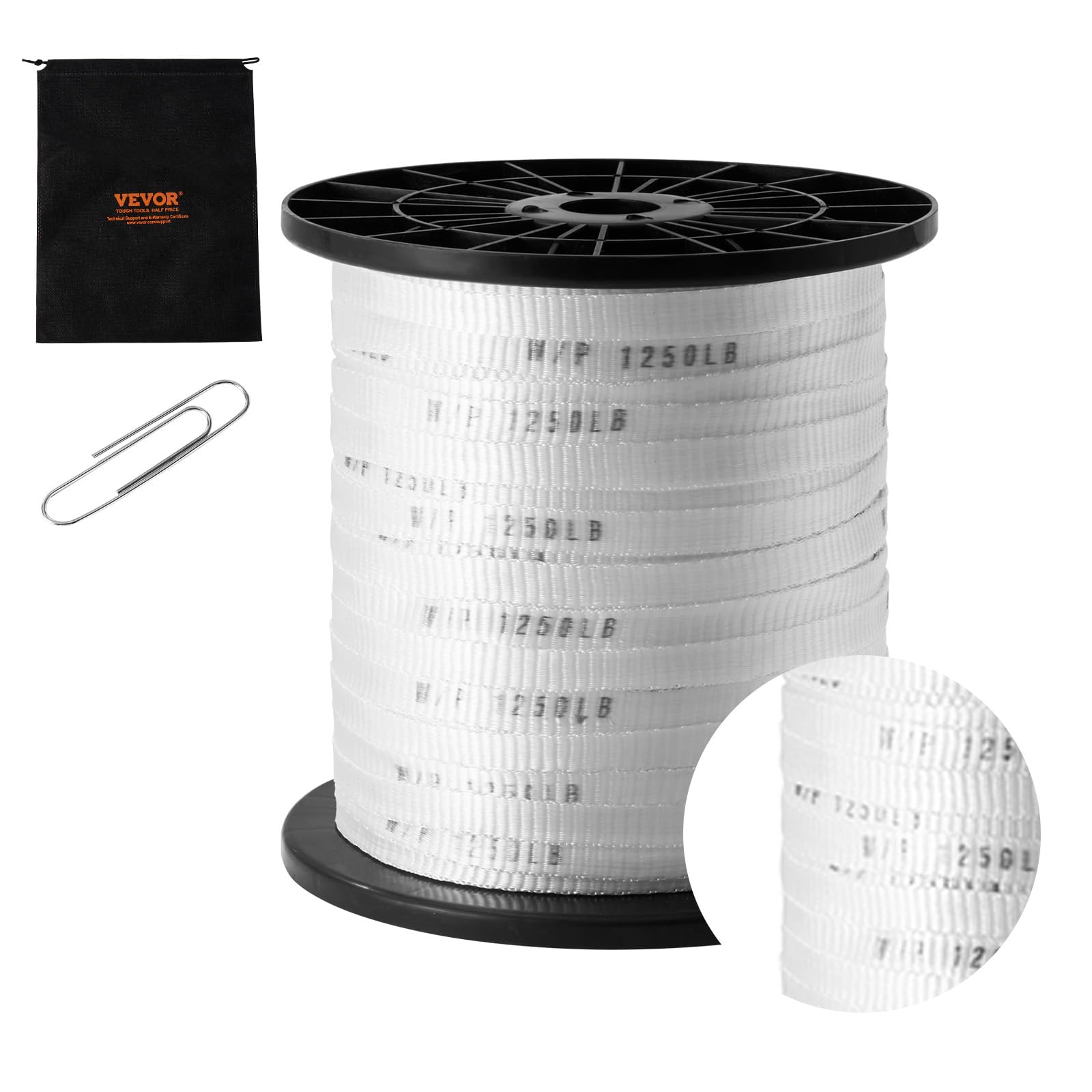 VEVOR Nastro da tirare in poliestere, Corda piatta da 1/​2" x 528', Capacità di trazione di 1250 lbf, Nastro tiracavi stampato per imballaggi, Giardinaggio, Elettrico commerciale, Condutture, Bianco
