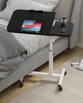 Adjustable Overbed Table with Wheels – Tilting & Height Adjustable Laptop Desk, Multi-Purpose Bedside Table for Reading, Working & Meals – Black Top with White Frame