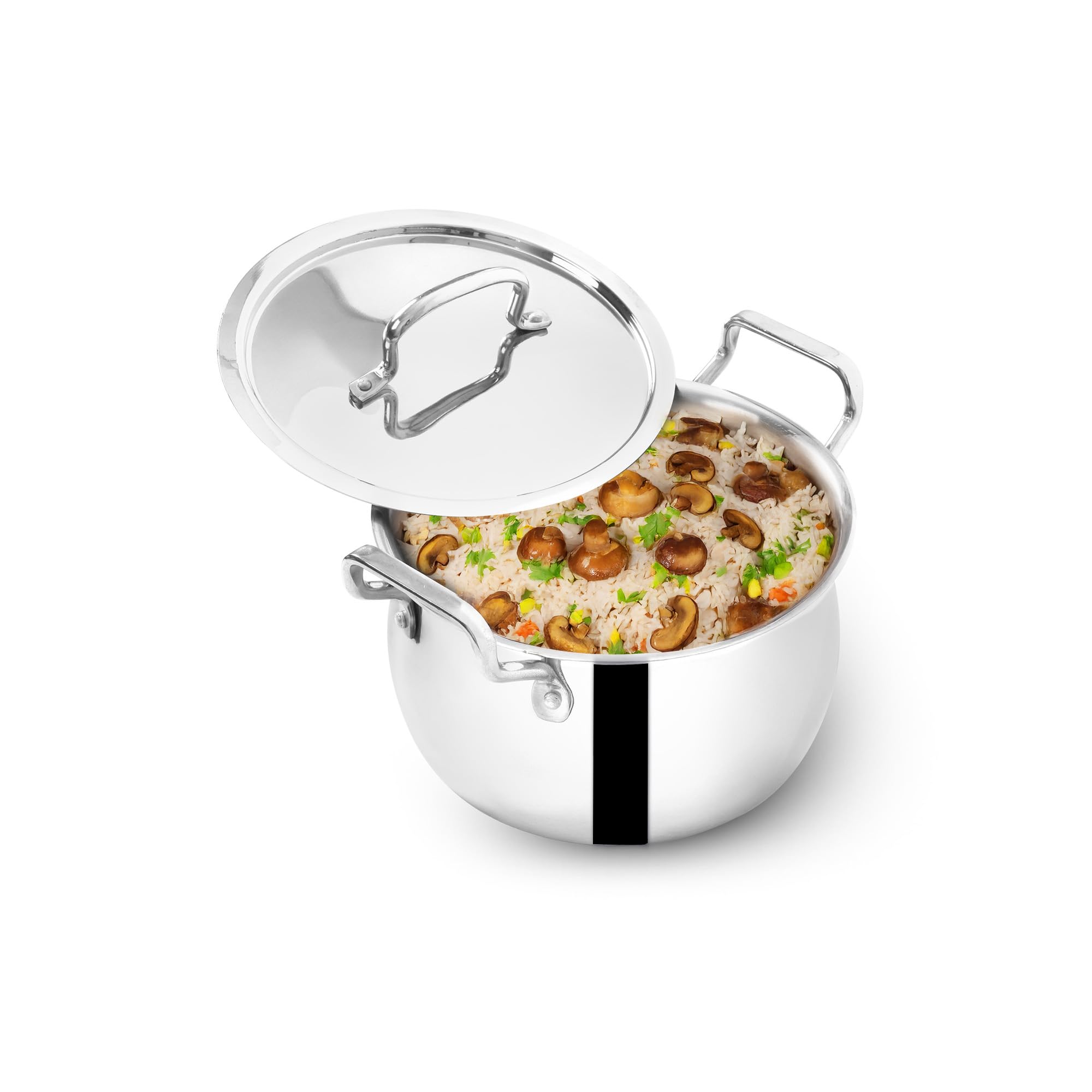 The Indus Valley Triply Stainless Steel Stock Pot with SS Lid 2Litre/Briyani Pot Handi Shaped/Casserole | 16cm/ 6.2 inch, 1.29kg | Induction Friendly | 100% Toxin-Free