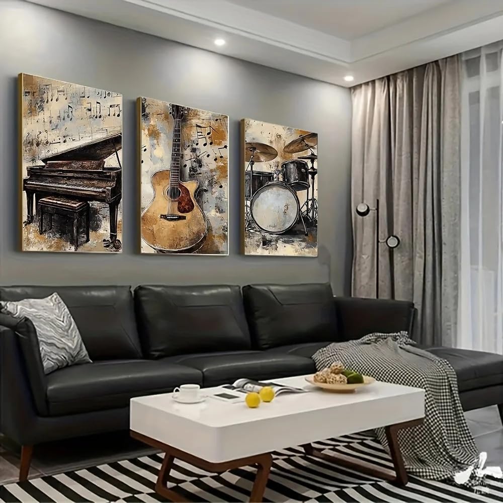 ZHUOYA Set di quadri da parete con strumenti musicali d'epoca, stampati su tela - Decorazione rustica con chitarra, pianoforte e batteria (80x120cmx3/senza cornice)
