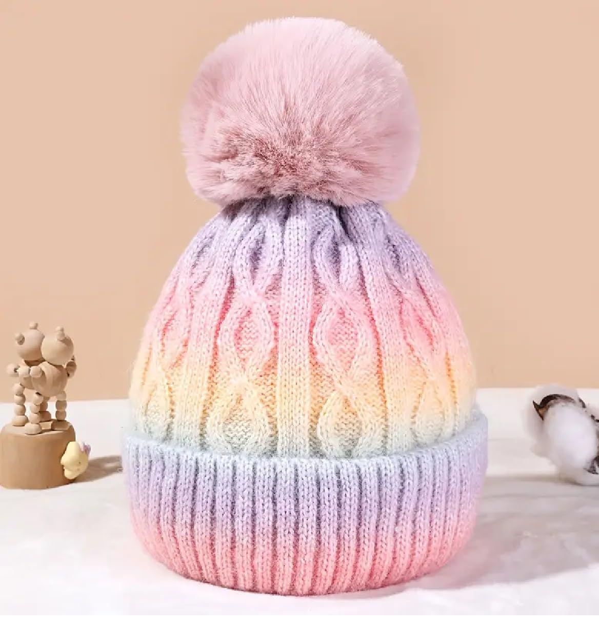OnlyBee Warme Wintermütze für Mädchen und Kinder, Batikfärbung, Regenbogen, Grobstrick, Alter 3 bis 7 Jahre, Rosa, Lila, Gelb, 3-7 Jahre