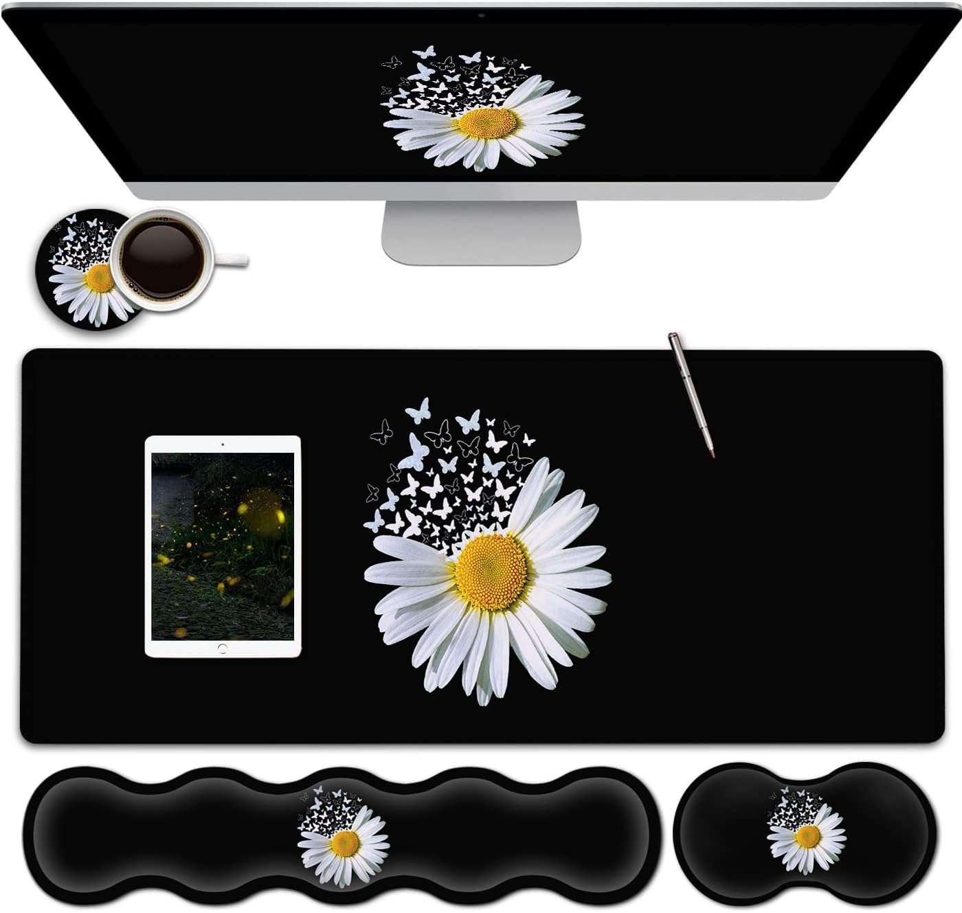 Ergonomic Keyboard Mouse Pad Wrist Rest Support Set, Extended Gaming Mouse Pad, Large XXL Mousepad + Memory Foam Wrist Rest, Waterproof Office Desk Mat Writing Pad, White Daisy Flowers Black Mousepad