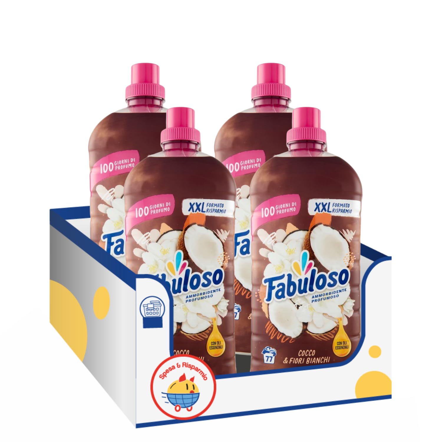 Ammorbidente Profumato Cocco e Fiori Bianchi XXL – 77 Lavaggi – 1700 ml kit con Spugna Brandizzata SPESA & RISPARMIO Inclusa – Variazioni 4/8/12 Pezzi (4)