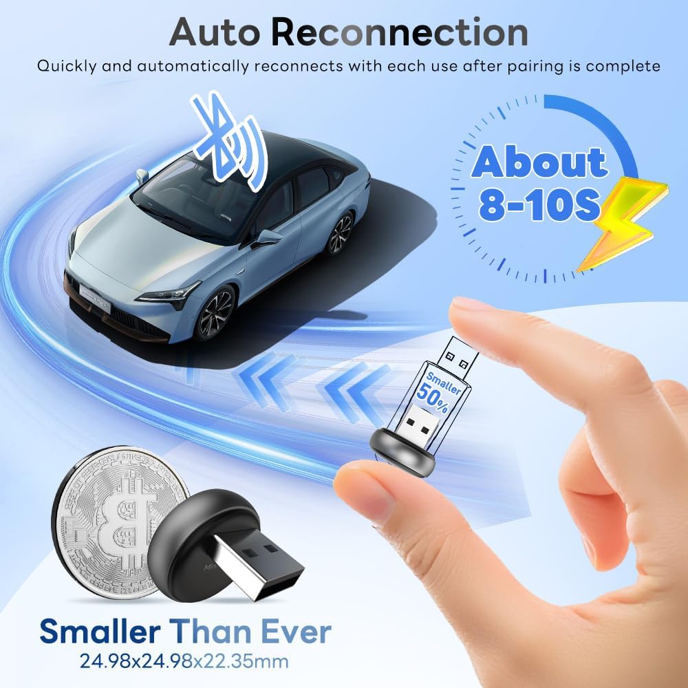 CarlinKit Mini Ultra3 adapter demonstrating auto-reconnection within 8-10 seconds and its compact size compared to a coin.