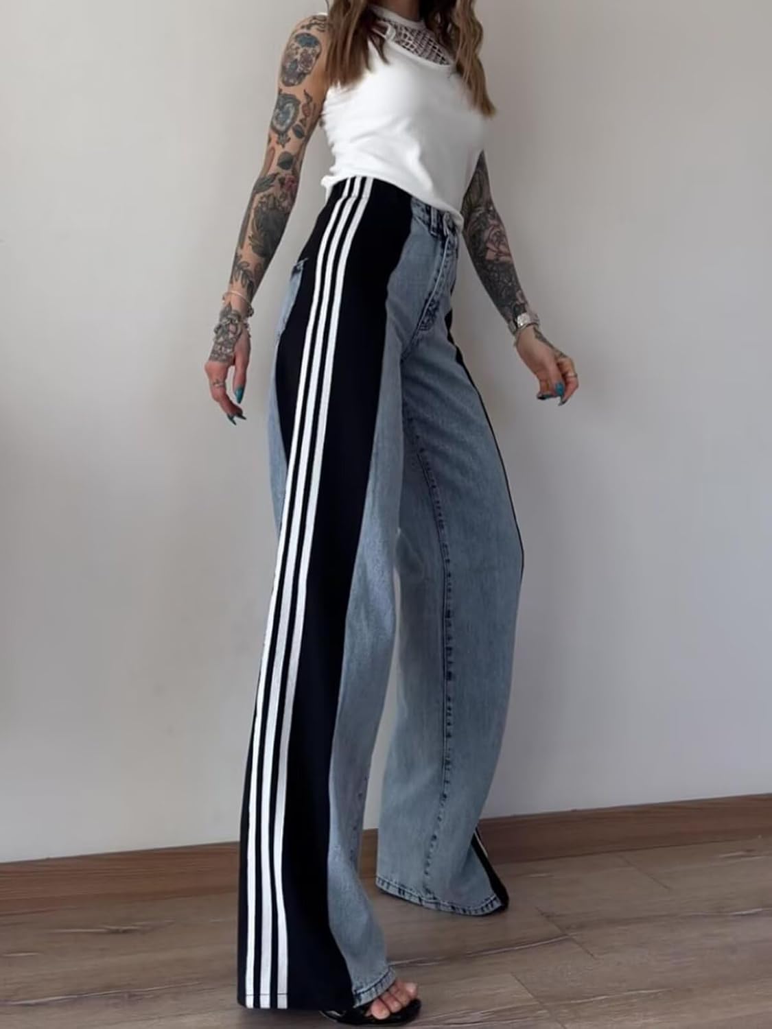 Women Stretchy Jeans Striped Patchwork Loose Straight Wide Leg Denim Pants