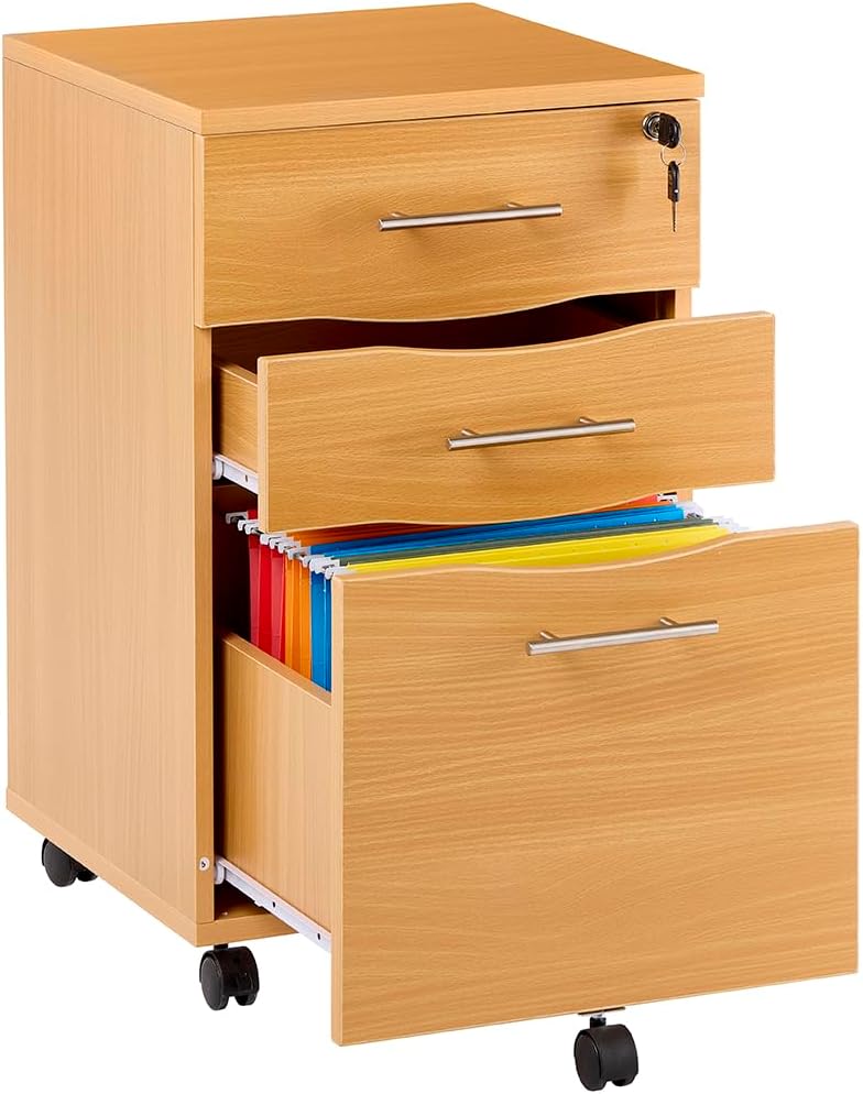 Filing Cabinet Under Desk Storage with Lockable Drawers, Small Filing Cabinets for Home Office, 3-Drawer Mobile Anti-Tip Storage Cabinet with Suspension File Holders, Beech, 5 Wheels