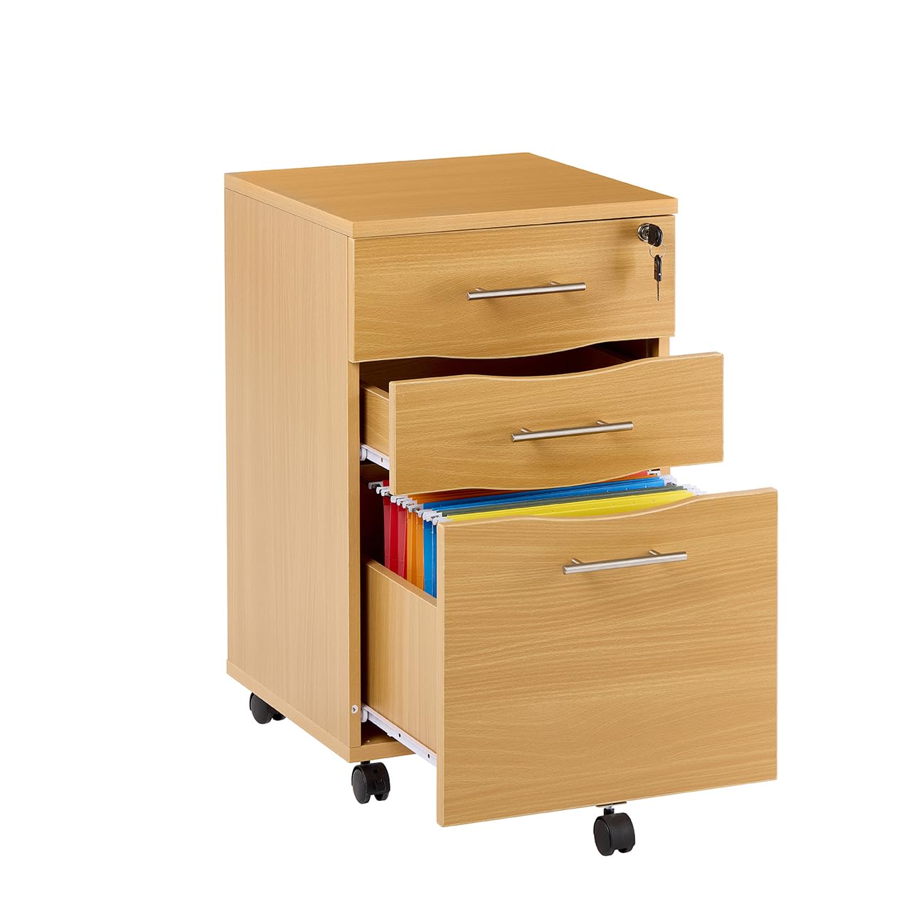 Filing Cabinet Under Desk Storage with Lockable Drawers, Small Filing Cabinets for Home Office, 3-Drawer Mobile Anti-Tip Storage Cabinet with Suspension File Holders, Beech, 5 Wheels