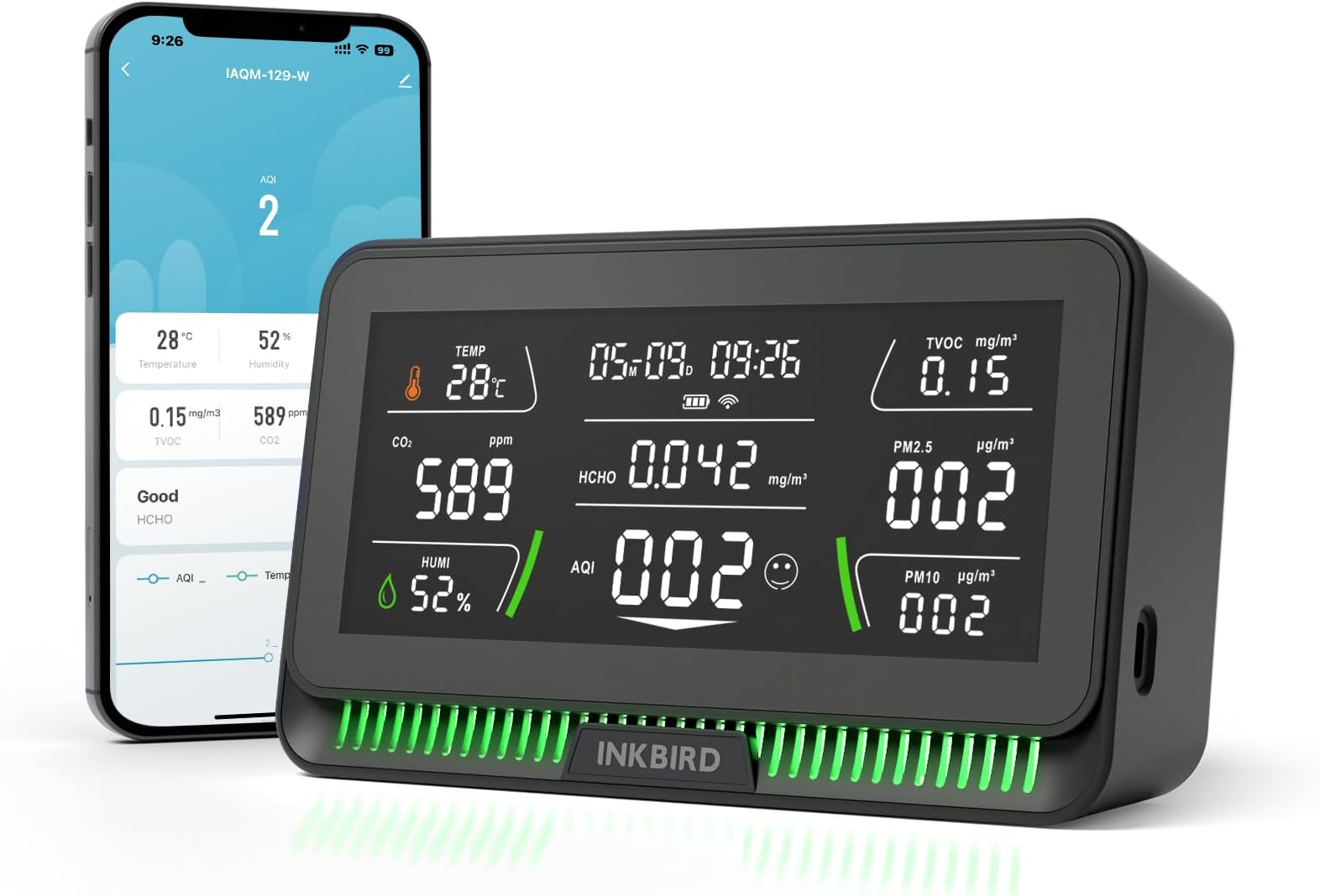 WiFi Air Quality Monitor, 10-in-1 Indoor CO2 Detector, Temperature, Humidity, PM2.5/PM10, TVOC, HCHO, AQI Meter with App Control, Real-Time Alerts, 6.1'' Color Screen for Home, Office & Hotel