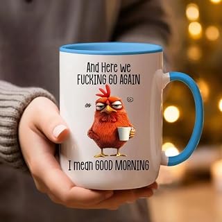 Lscsdf Funny Mug – and Here We F*cking Go Again… I Mean Good Morning Coffee Cup Funny Novelty Angry Chicken Mug 11oz Sarcastic Grumpy Chicken Coffee Cup Gifts for Coworkers Boss Friends Family(Blue)