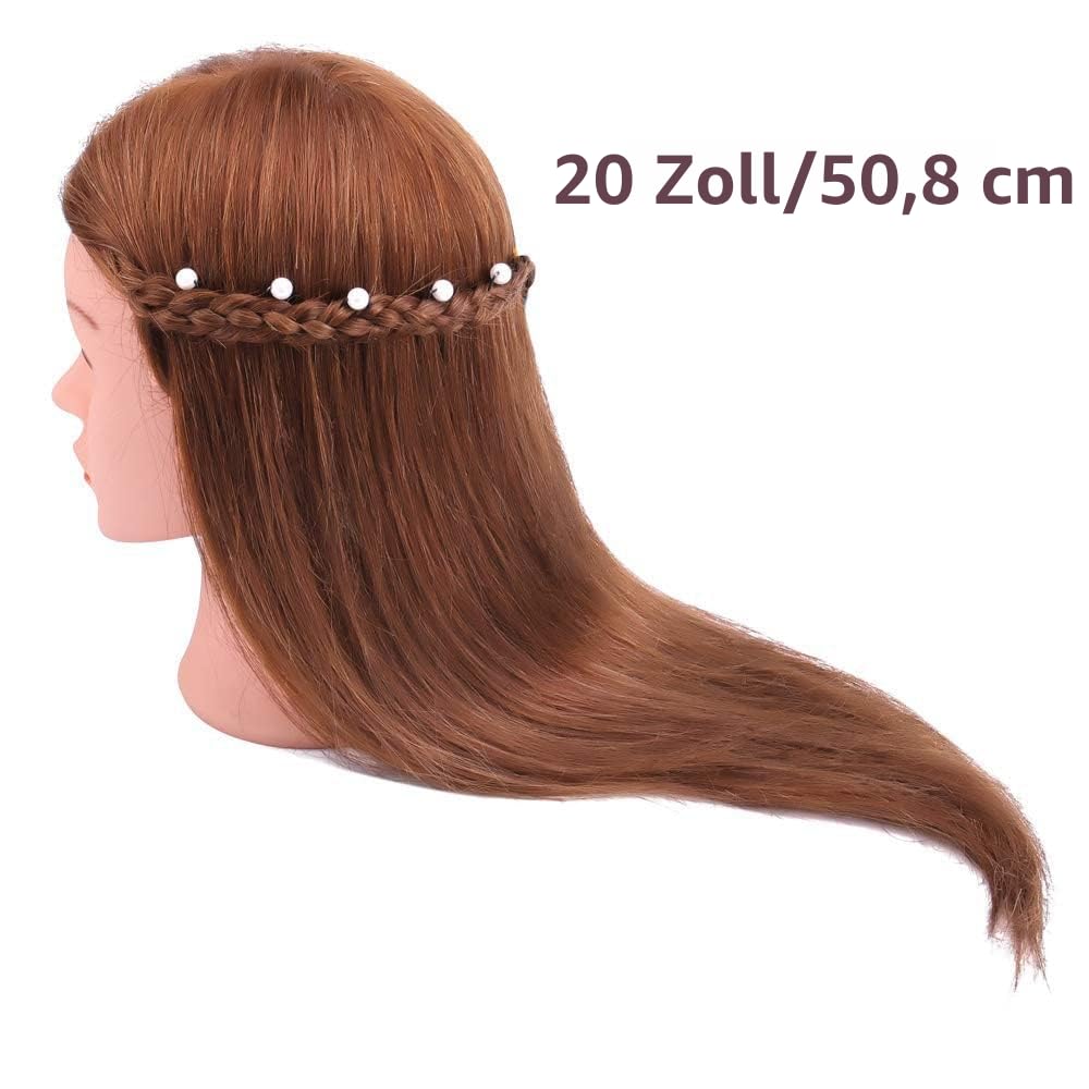 SZCY LLC Mannequinkopf mit 100 % Echthaar, 45,7 cm, Dunkelbraun, Kosmetik, Frisierkopf, Übungskopf, Puppenköpfe mit Klemmhalter und Werkzeugen