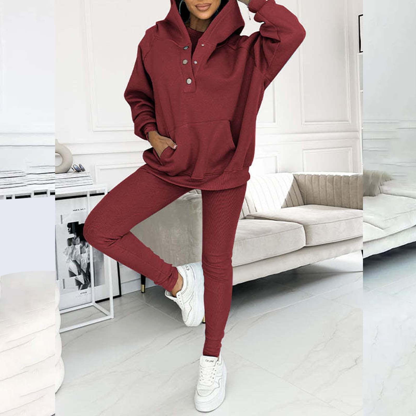 Sportanzug Damen 2 Teiler Casual Langarm Kapuzenpullover Und Hose mit Tunnelzug Und Kapuze Zweiteiler Elegant Baumwolle Große Größen Freizeitanzug Autumn Winter Outfit