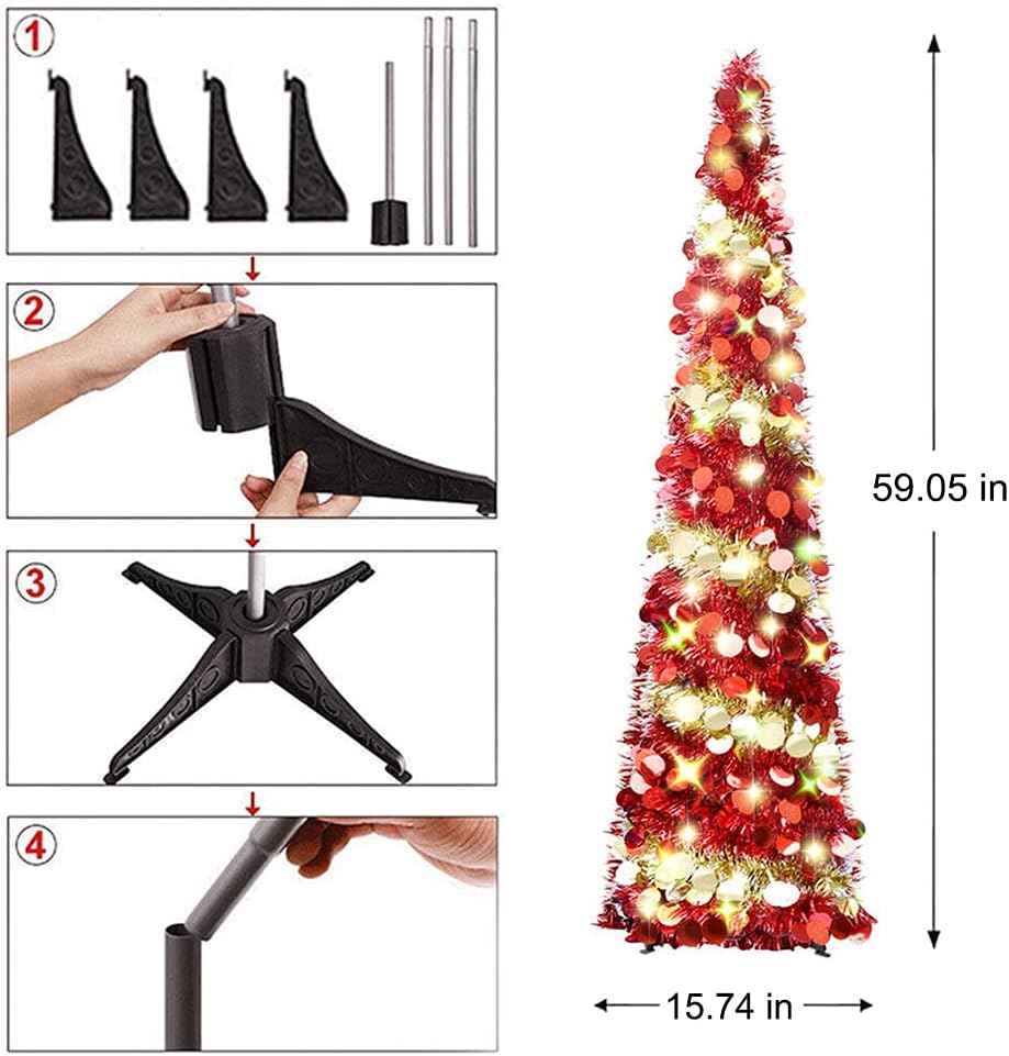 EEX 5ft Collapsible Artificial Christmas Tree,Sequin Pensil Tree for Apartment Home Office Store Holiday Decorations with 100 Color Lights Battery Operated 2 Modes