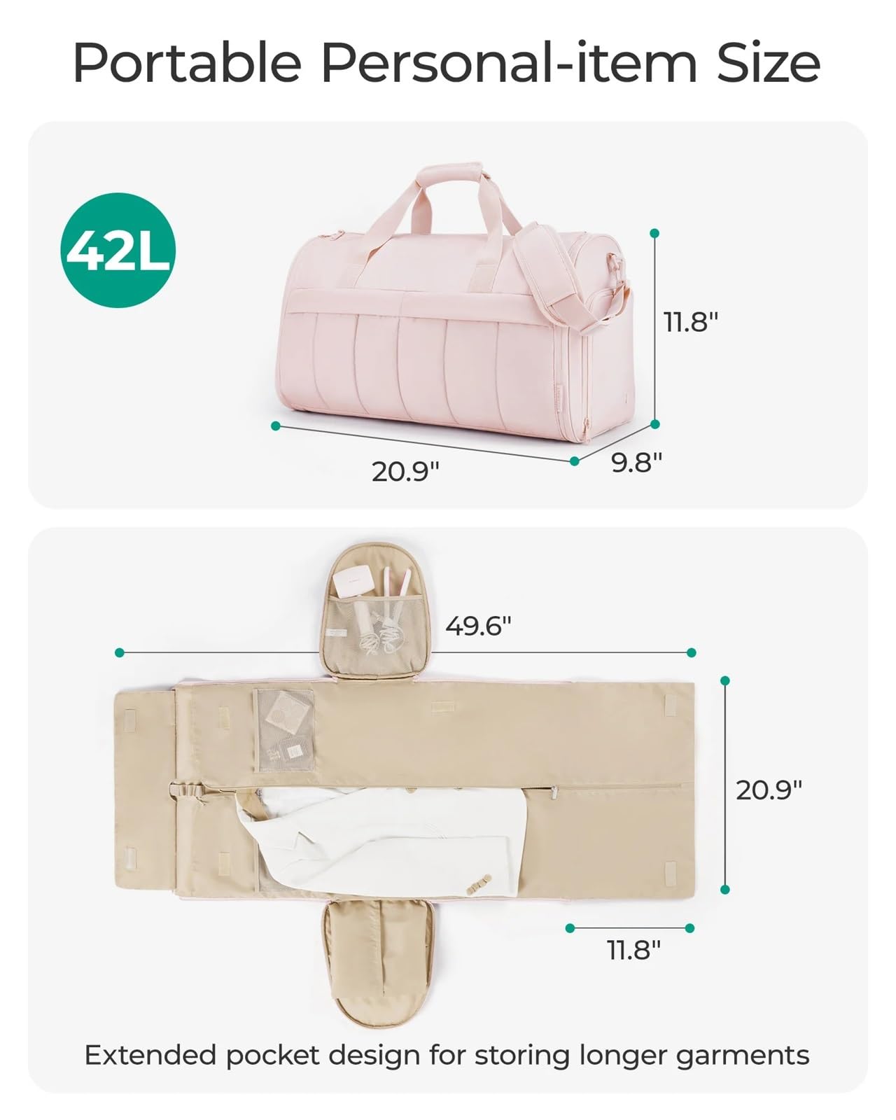 Portatrajes Bolsa de viaje 2 en 1 for colgar ropa, convertible for hombre y mujer, for guardar equipaje y organizar.(Pink)