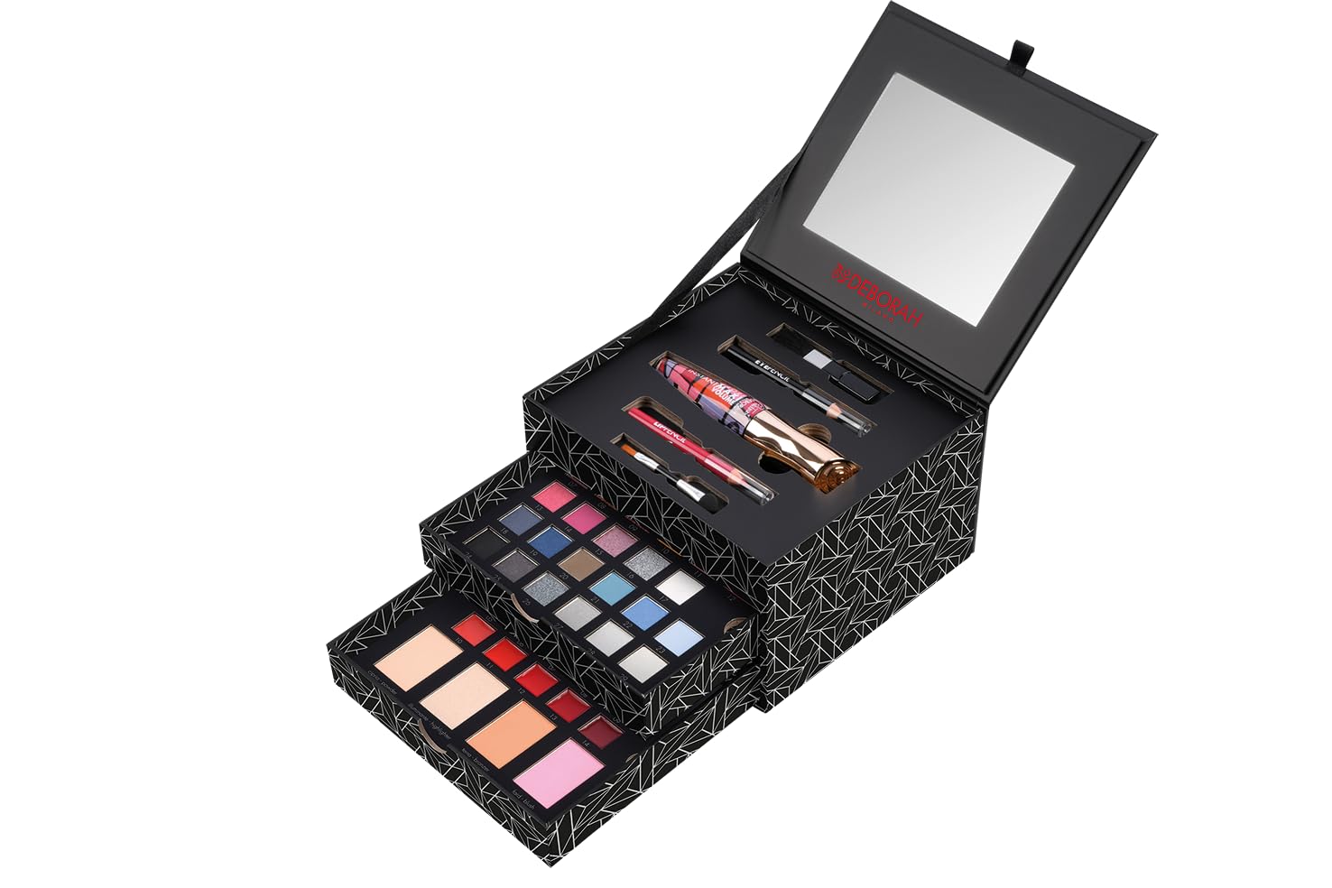 Deborah Milano - Trousse Set Regalo Donna Make Up Jewel Box, Kit Mascara e Matita Occhi, Labbra, Palette di Ombretti, Rossetti, Gloss e Polveri Viso dai Diversi Finish e Colori, in Carta FSC