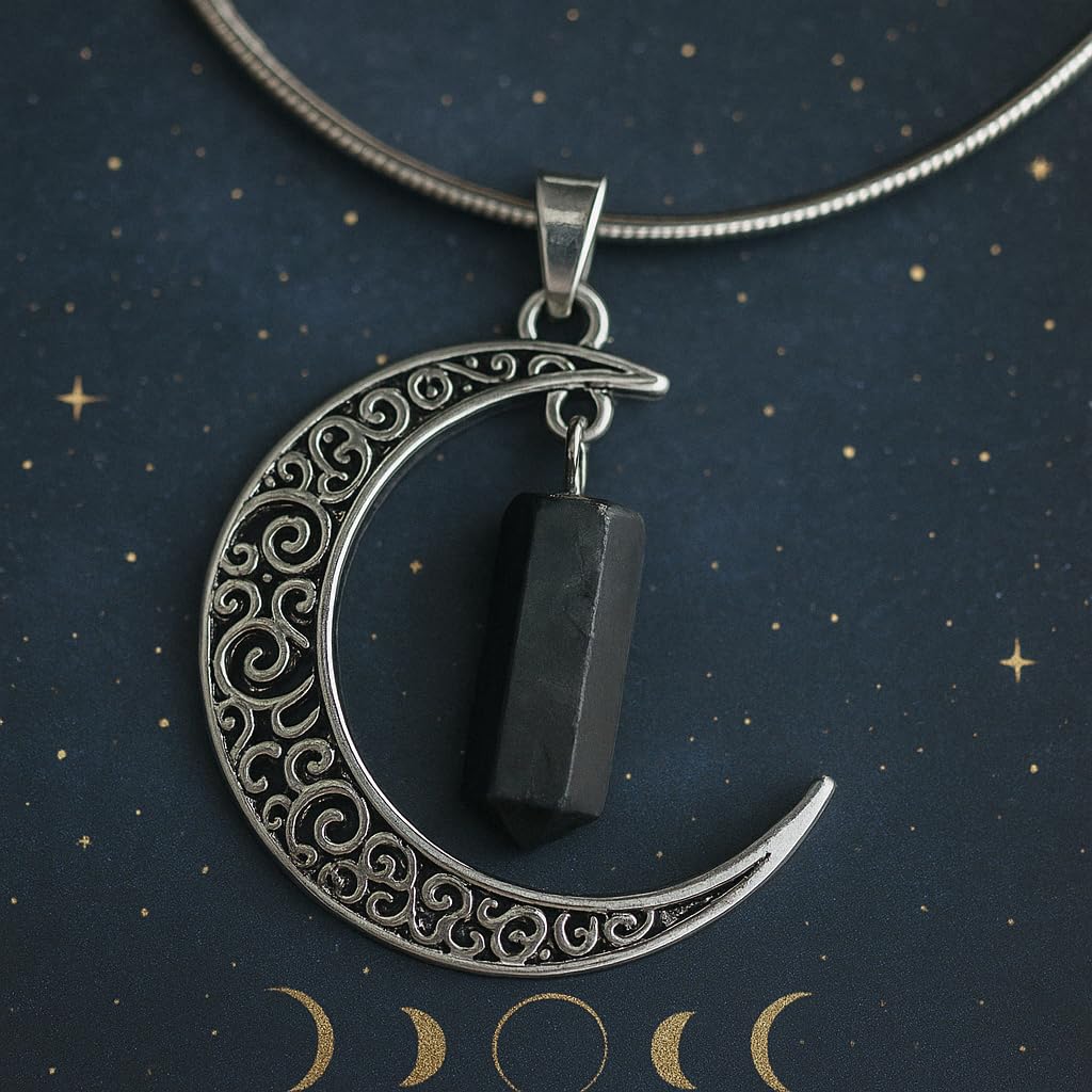 Colgante Luna con Shungit - Baño de Plata Minerales y Cristales, Belleza energética, Meditacion, Amuletos Espirituales