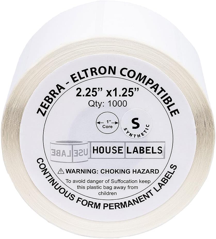 HOUSELABELS 2.25" x 1.25" Address Labels on 1" Core in Polypropylene Compatible with Zebra and Rollo Printers, 4 Rolls / 1,000 Labels per Roll