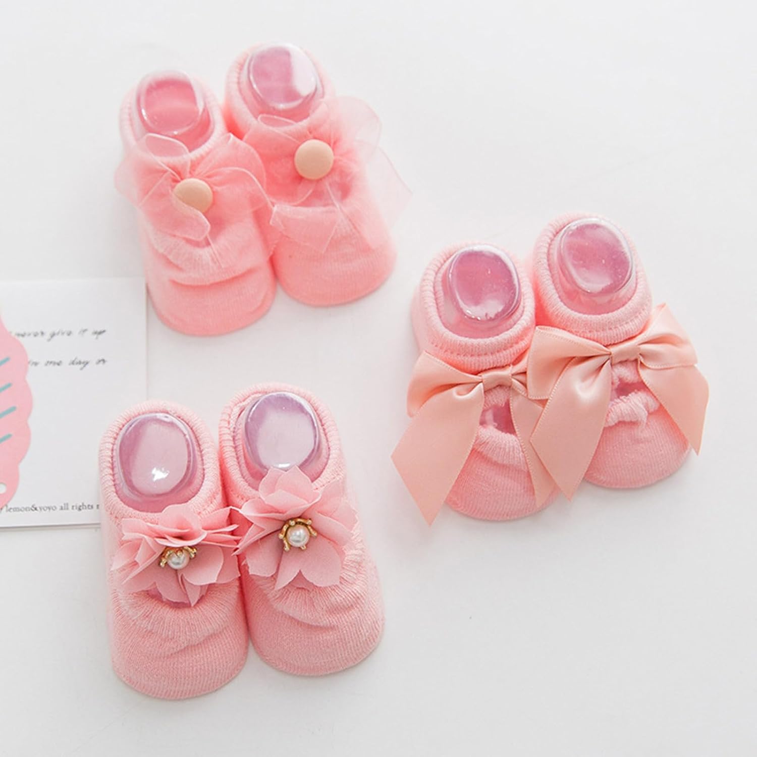 Zerodis 3pairs Set Baby Cotton Floor Sock with Bow Tie, Cute Lace Flower Design Anti slip Non Skid Ankle Socks for Newborn Toddler Infant(M)