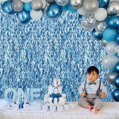 Image of TONIFUL 3Pcs Wavy Metallic Tinsel Foil Fringe Curtains Light Blue Streamer Backdrop for Photo Booth Props,Party Door Wall Curtains,Bachelorette,Underwater World Birthday Party Decor (9.9ft x 6.6ft)