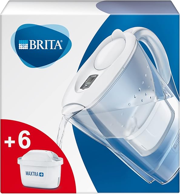 BRITA Marella fridge water filter jug, 2.4L - White. Half year pack, Includes 6 x MAXTRA+ filter cartridges for reduction of chlorine, limescale and impurities - now in sustainable Smart Box packaging